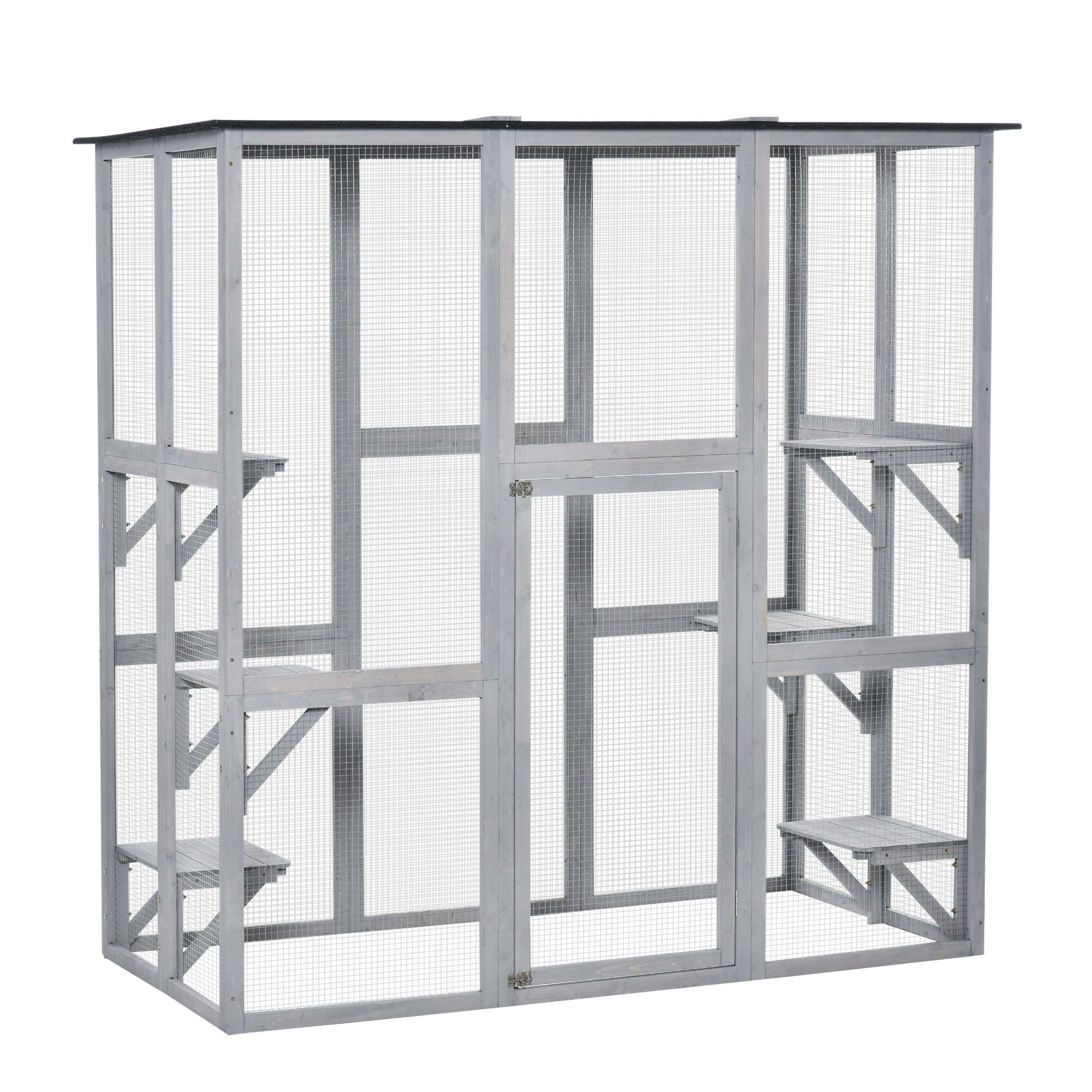 PAWSTER Wooden Catio Cat Outdoor Enclosure Cage Waterproof Roof Platforms - Grey - Life Essentials