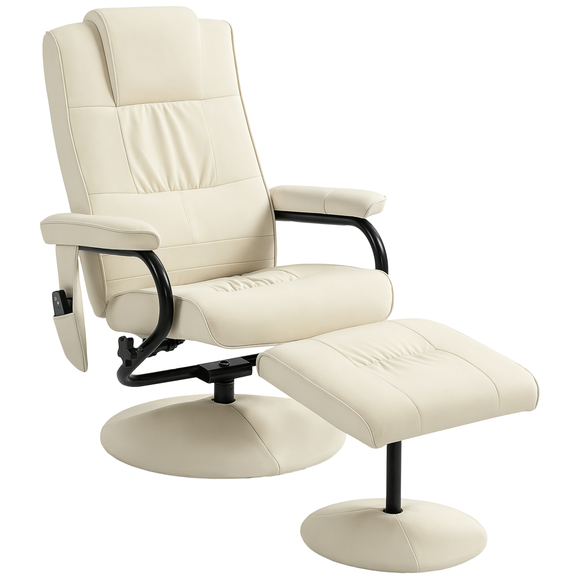 HERON Swivel Recliner Chair Footstool Faux Leather Massage Remote Control - Cream White - Life Essentials