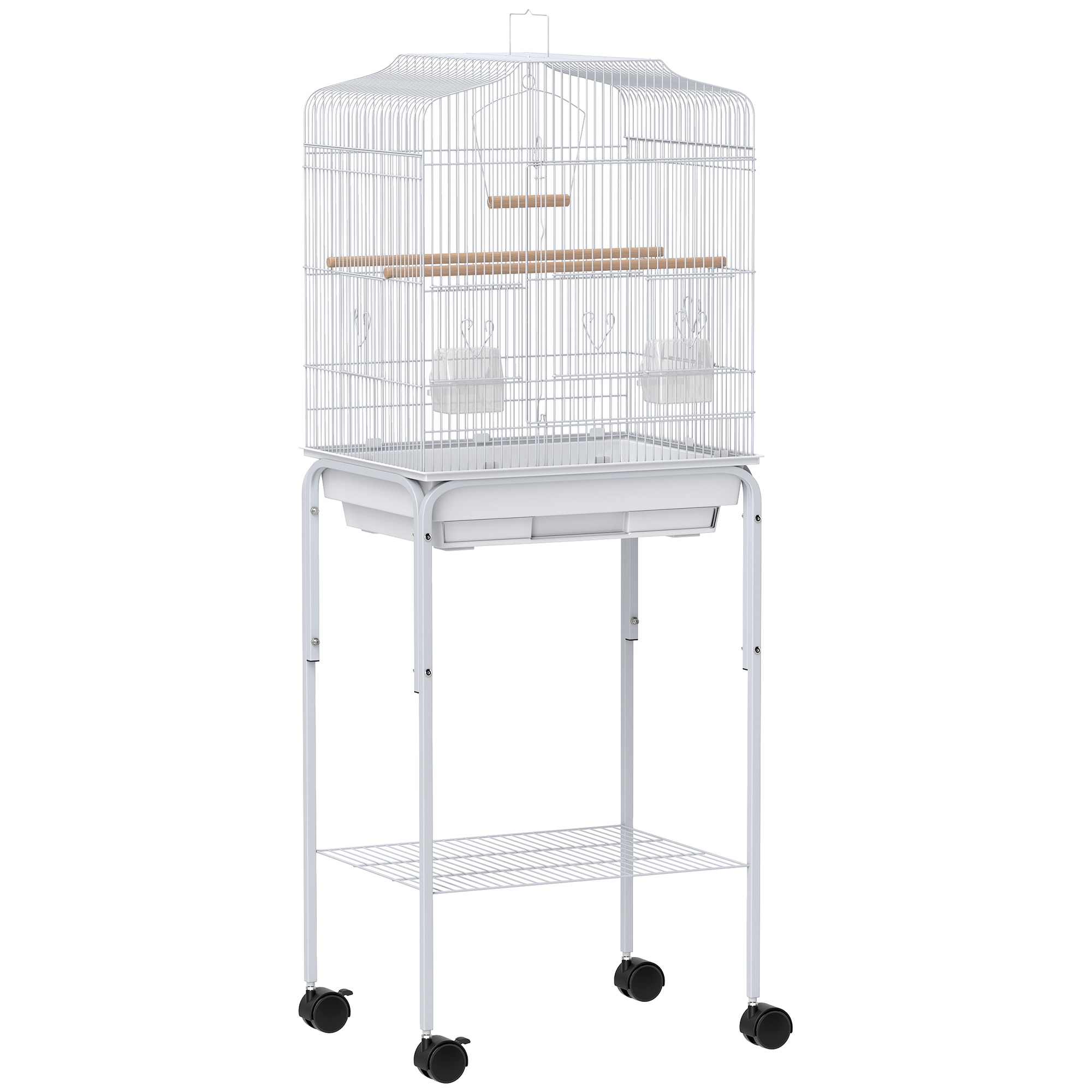 PAWSTER Bird Cage with Stand, Wheels, Tray & Storage Shelf for Finch Canary Parakeet - White - Life Essentials