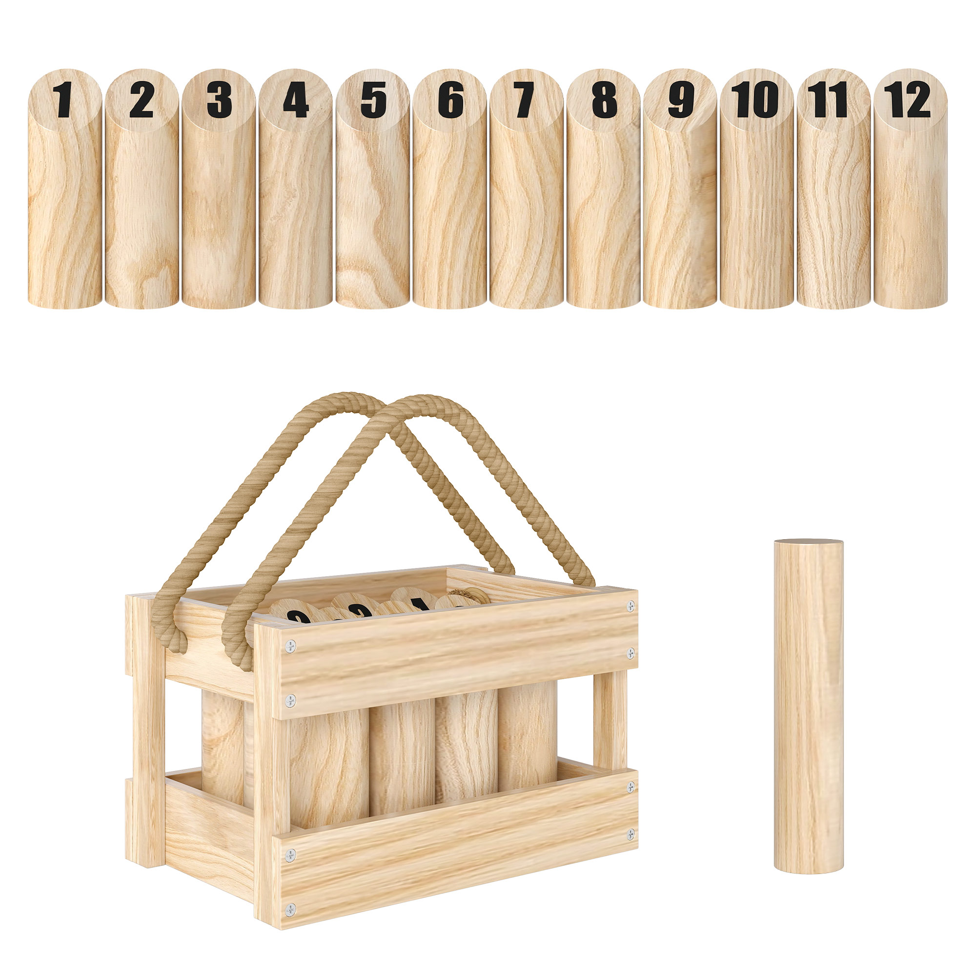 SPORTEDGE Molkky Game Wooden Skittles Throwing Game 12 Skittles Carrying Box - Natural - Life Essentials