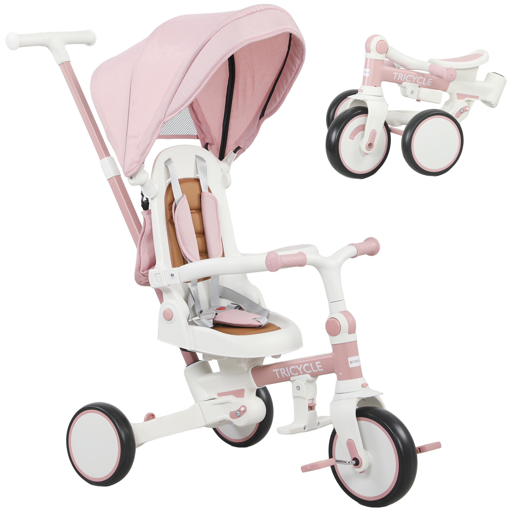 AIVAGO 5-in-1 Kids Trike with Adjustable Backrest and Push Handlebar - Pink - Life Essentials