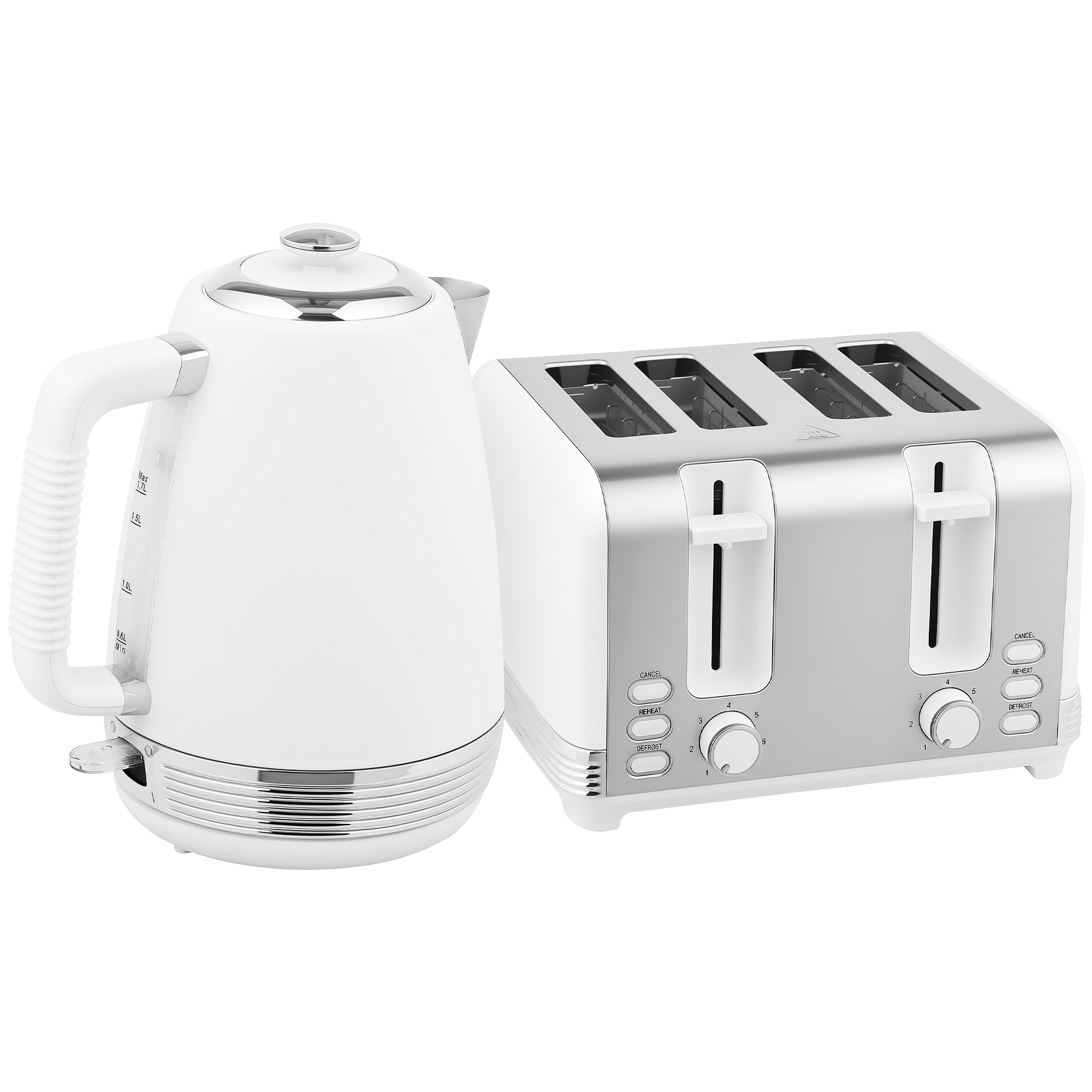 HERON 1.7L 3000W Stainless Steel Kettle & 4-Slice Toaster Set with Strix Thermostat - White/Silver - Life Essentials