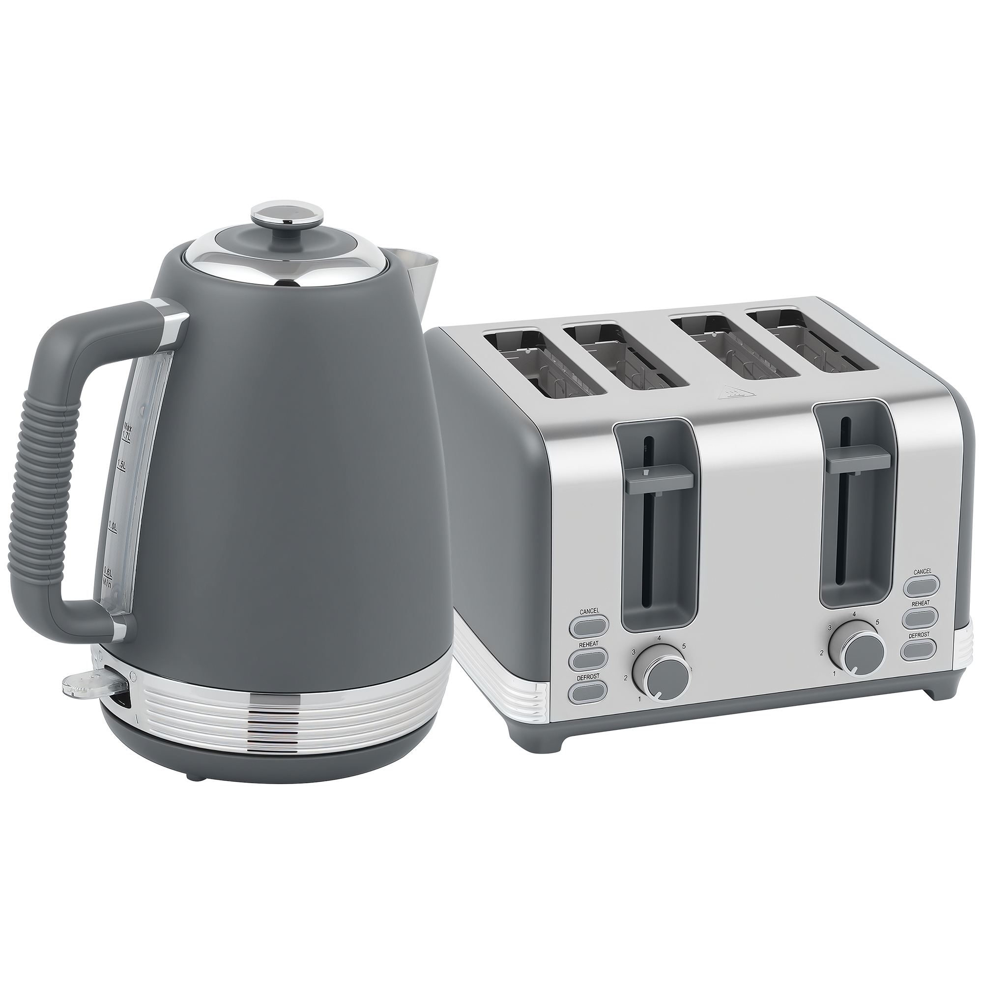 HERON 1.7L 3000W Stainless Steel Kettle & 4-Slice Toaster Set with Strix Thermostat - Grey/Silver - Life Essentials