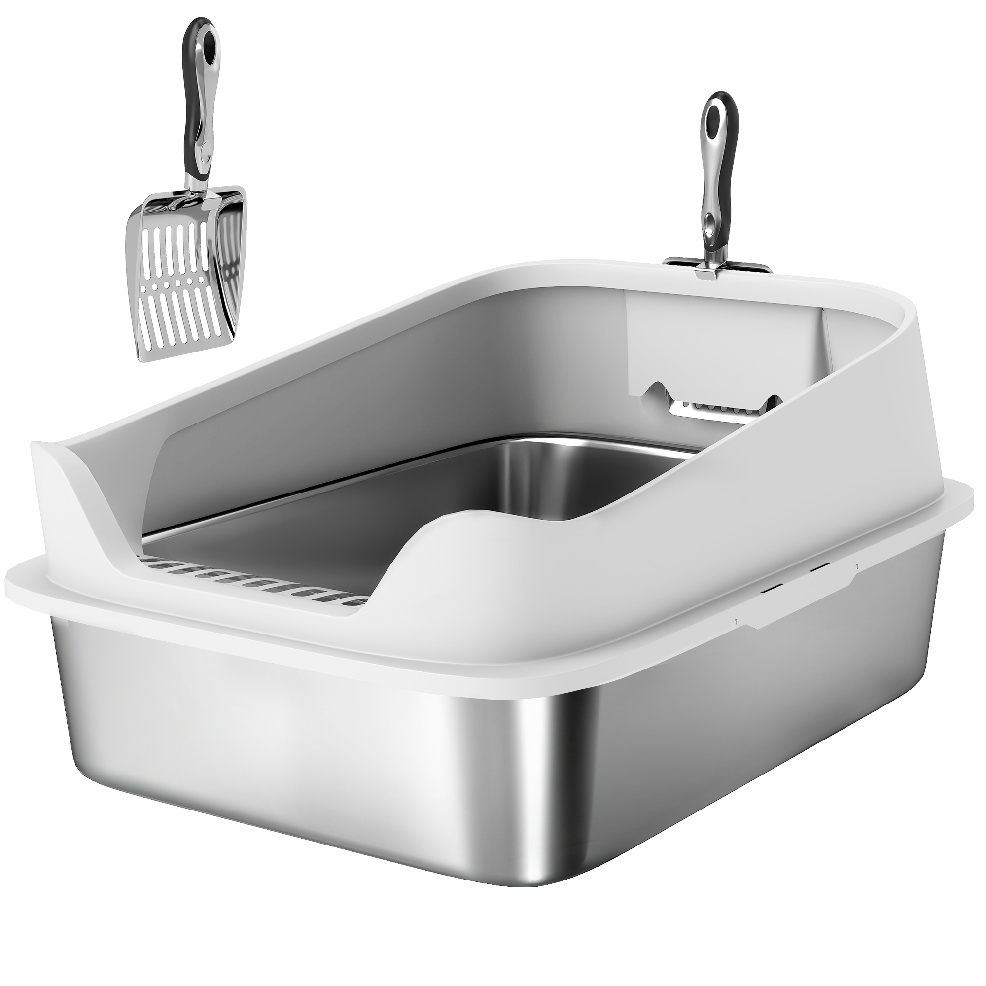 PAWSTER XL Stainless Steel Cat Litter Box with Scoop 60 x 40 x 30 cm - Grey - Life Essentials