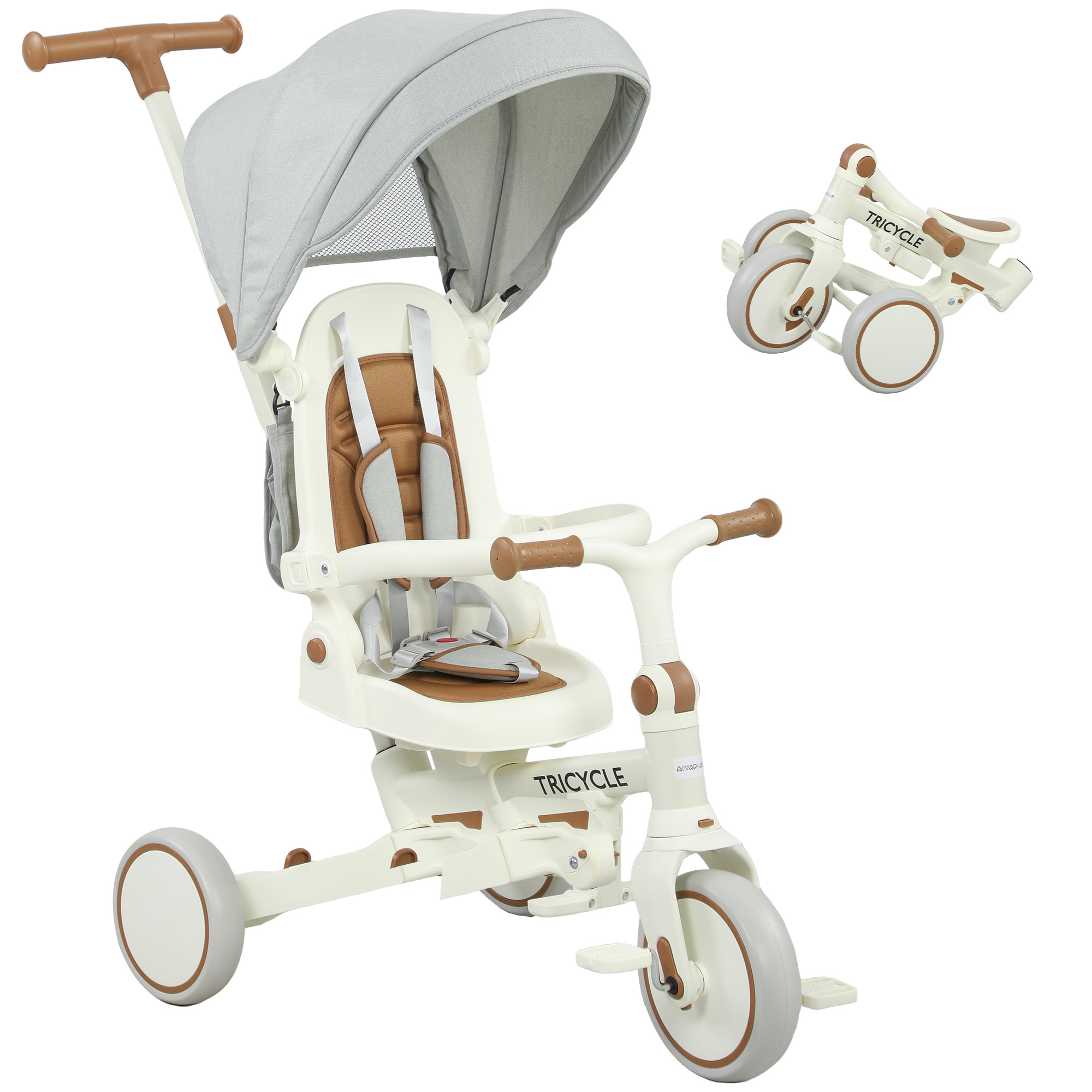 AIVAGO 5-in-1 Kids Trike with Adjustable Backrest and Push Handlebar - Cream White - Life Essentials