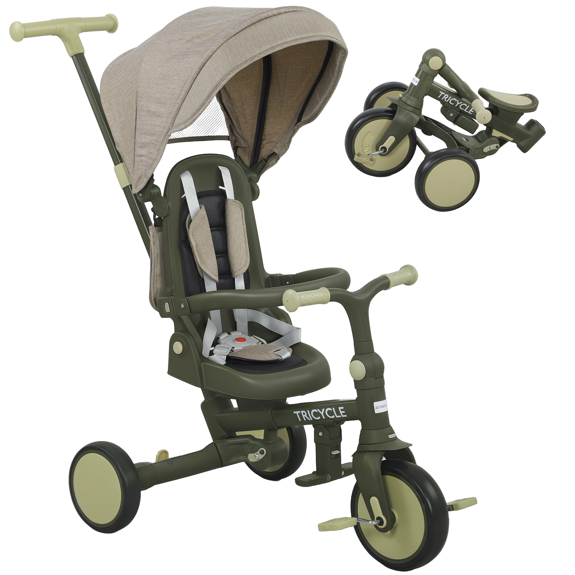AIVAGO 5-in-1 Kids Trike with Adjustable Backrest and Push Handlebar - Dark Green - Life Essentials