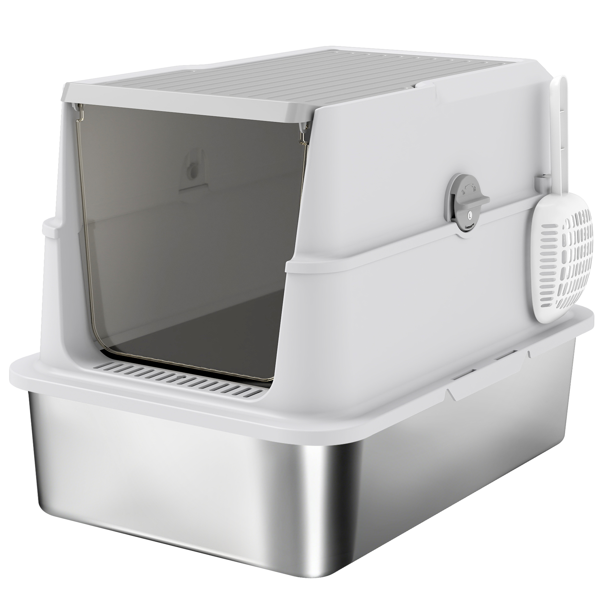 PAWSTER Extra Large Stainless Steel Cat Litter Tray with Scoop, Flip Top - Light Grey - Life Essentials