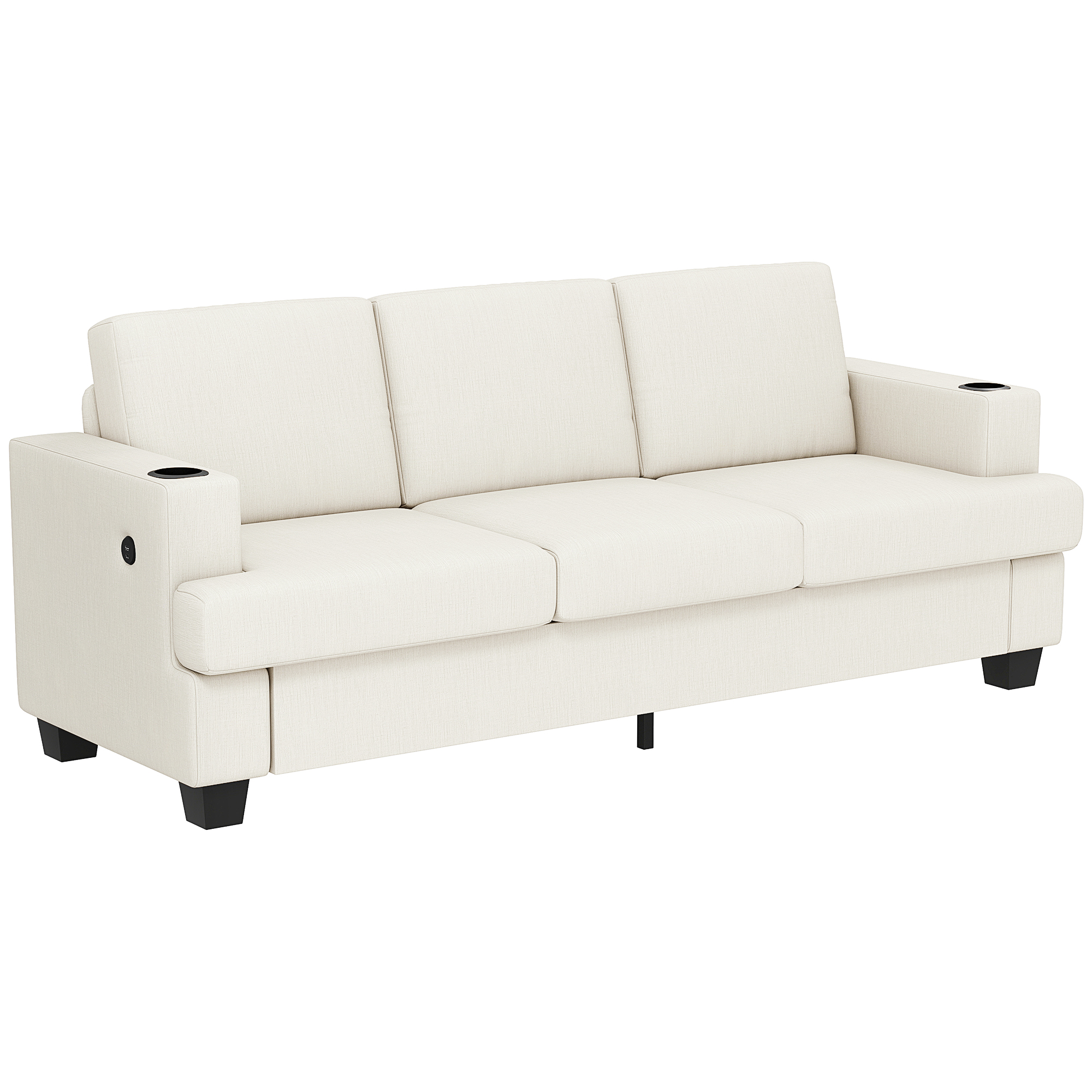 LARIX Chenille Fabric 3 Seater Fullback Sofa with Cup Holders - Cream White - Life Essentials