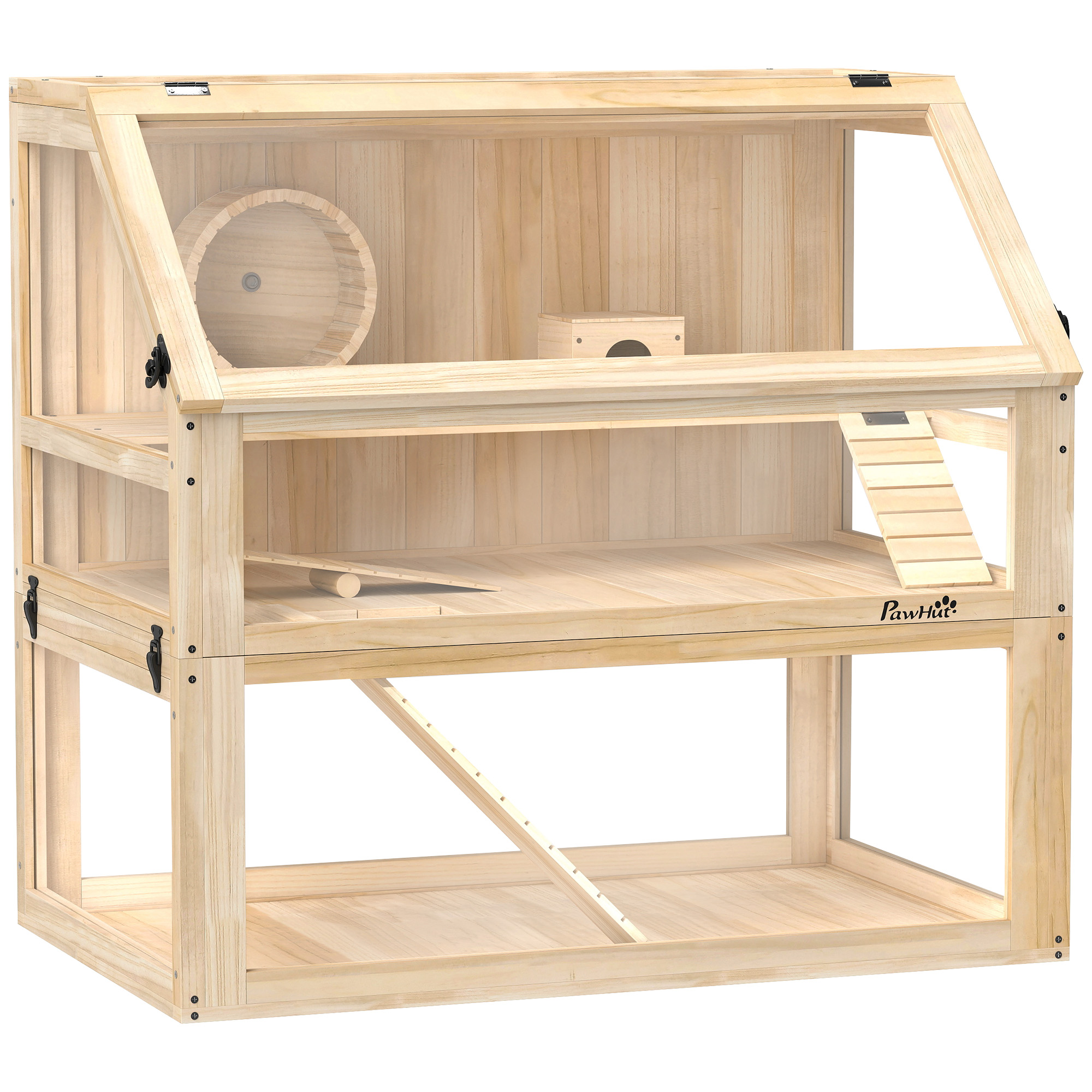 VELRIN Wooden Hamster Cage Multi Level with Ramp - Natural - Life Essentials