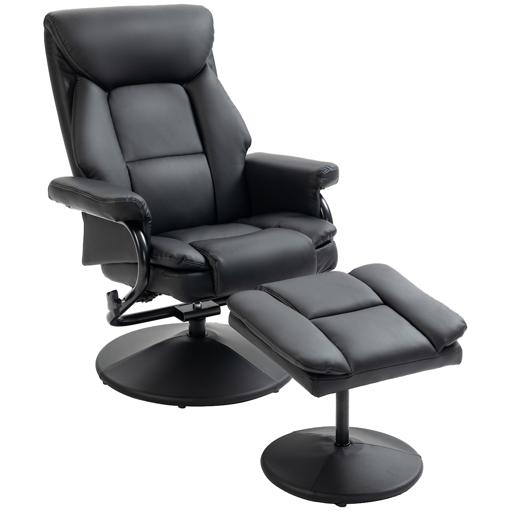 HERON Swivel Recliner Chair with Footstool, PU Leather Armchair with Ottoman - Black - Life Essentials