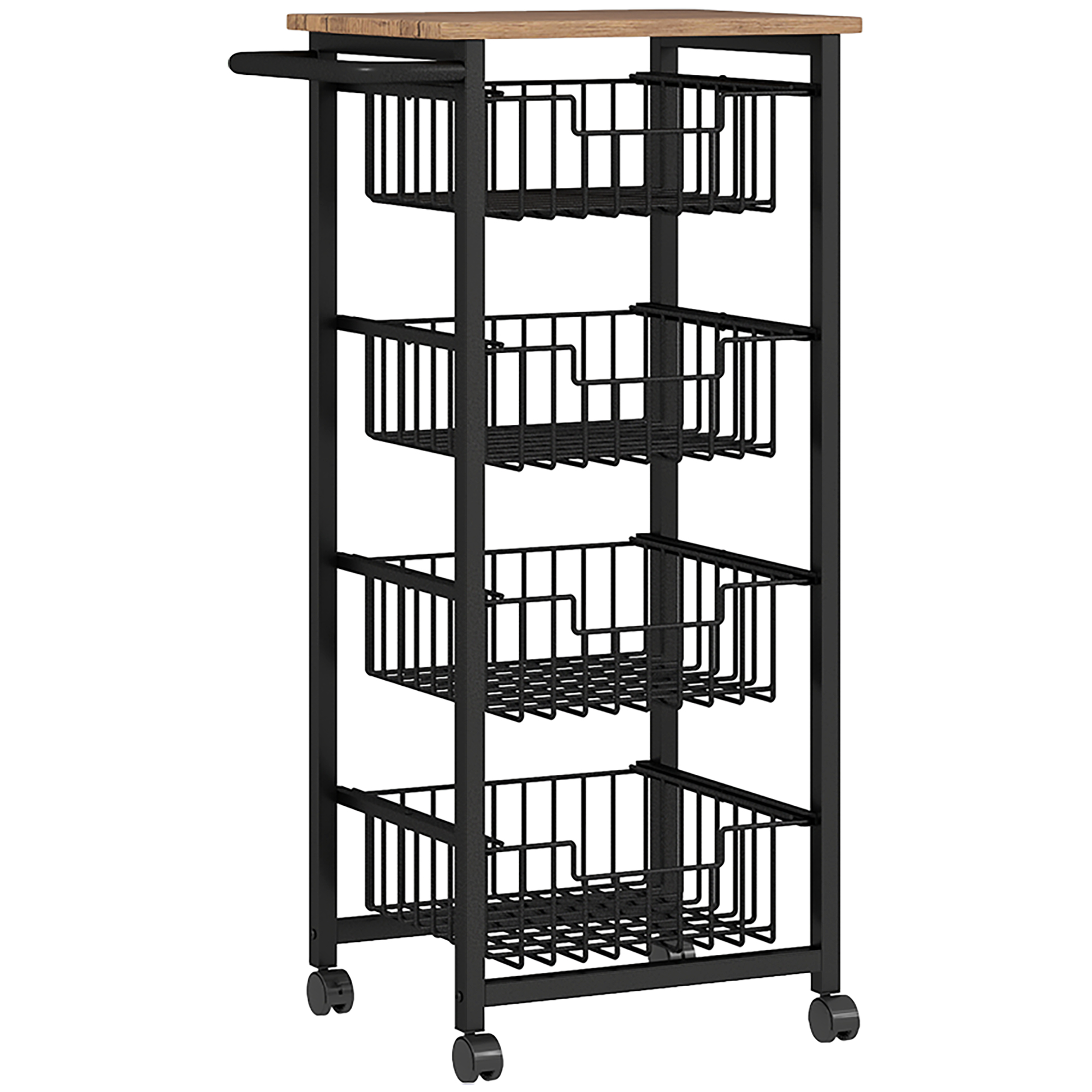 ESHRALLE Mobile Kitchen Island Trolley with 4 Baskets and Brakes - Oak and Black - Life Essentials