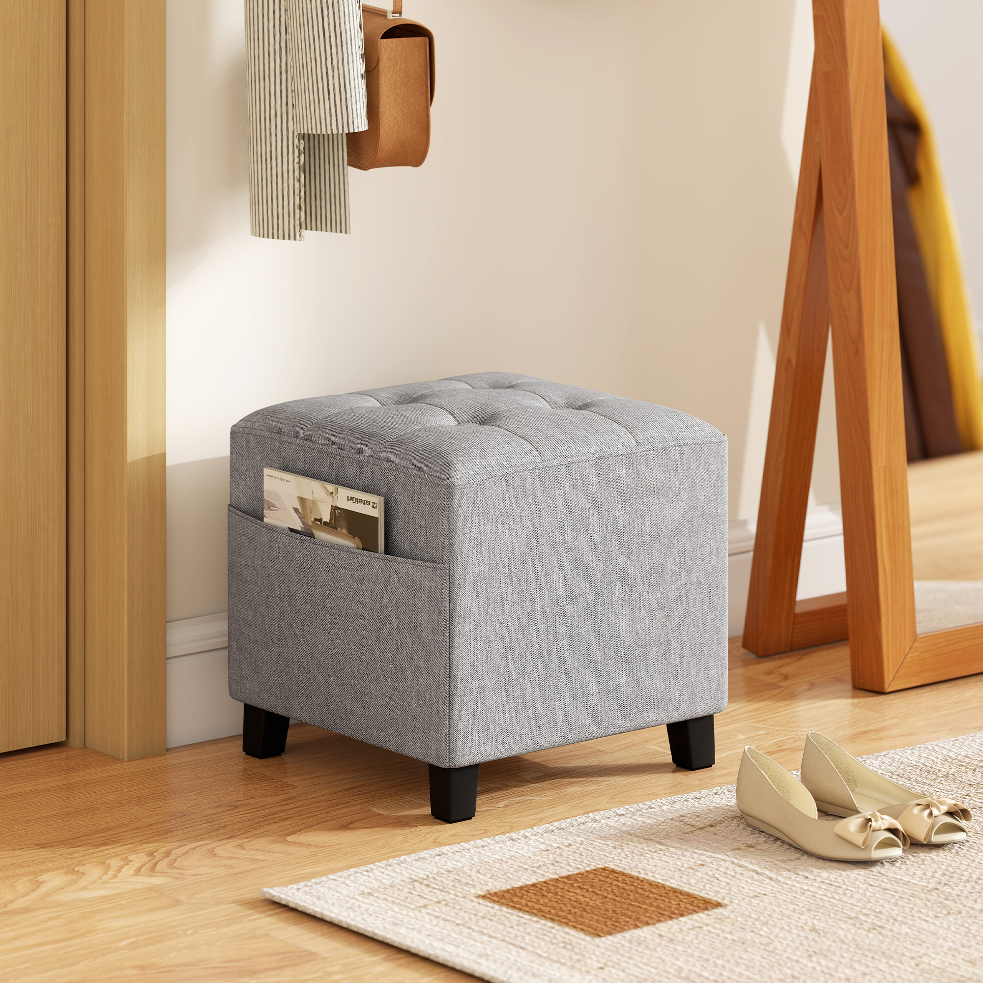 KALEN Linen Fabric Ottoman Footstool with Pocket - Grey - Life Essentials