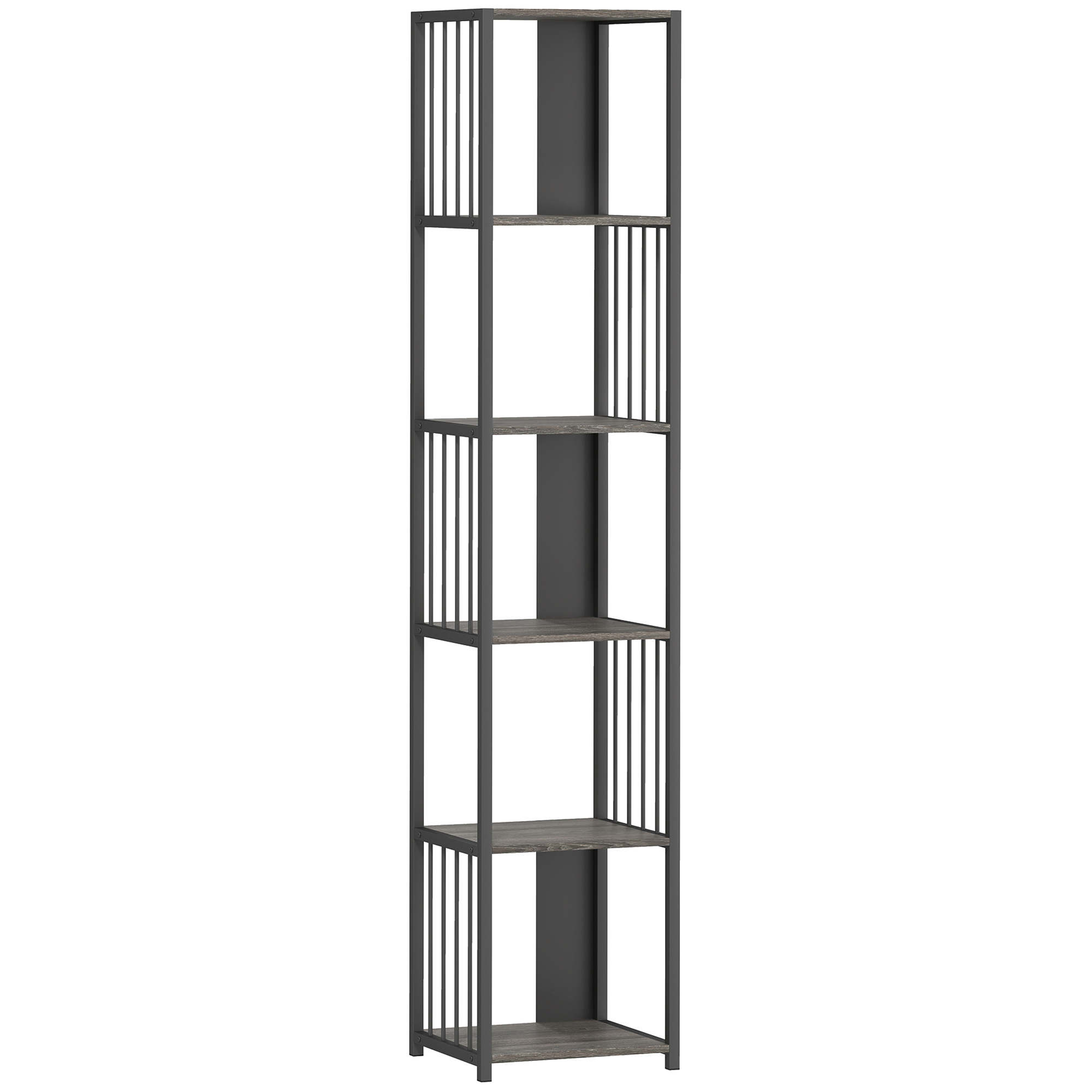 IVREN 5 Tier Bookshelf Wooden with Steel Frame - Grey - Life Essentials