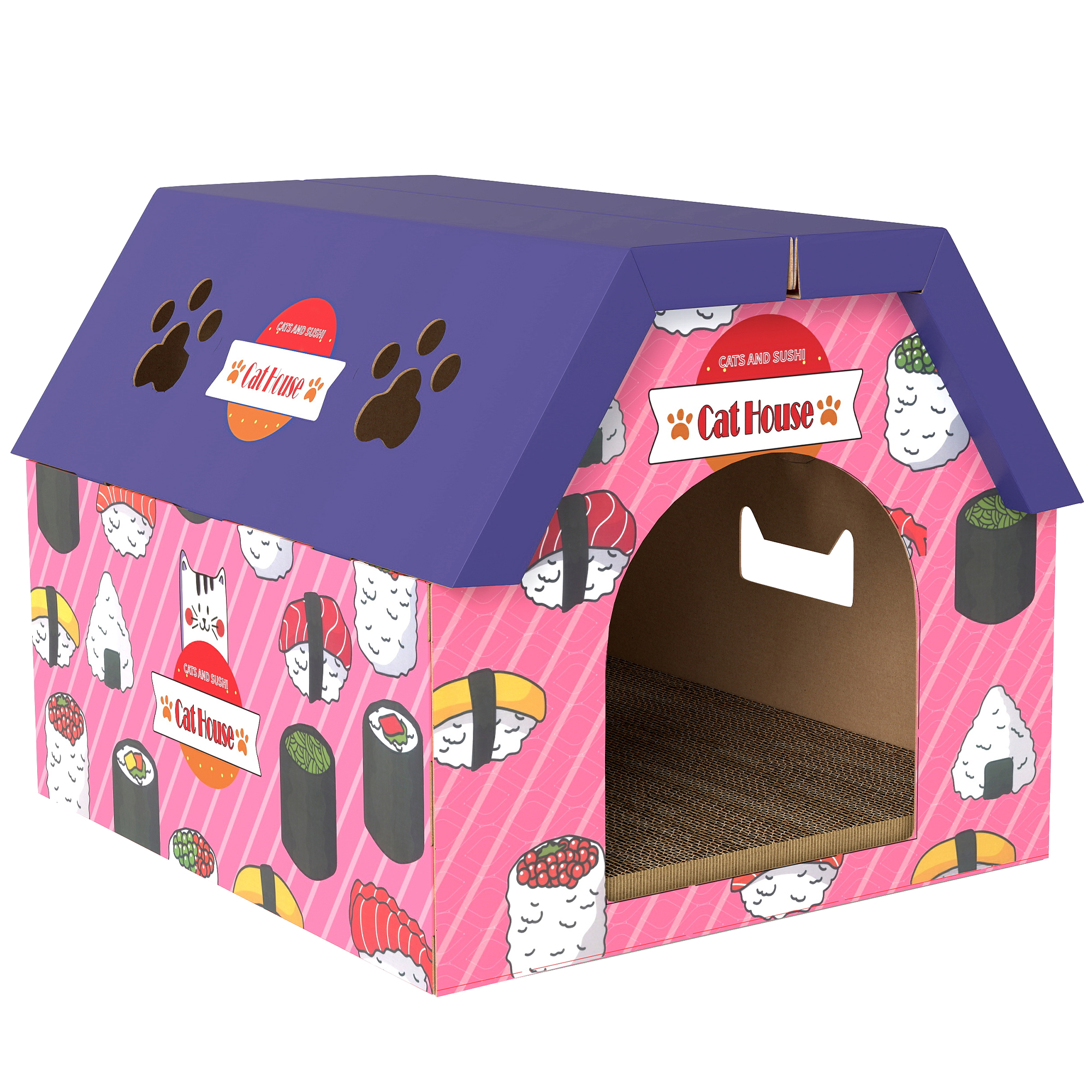 VARRIC Cat Scratching Board 2 in 1 Cardboard Cat House and Hideaway - Pink - Life Essentials