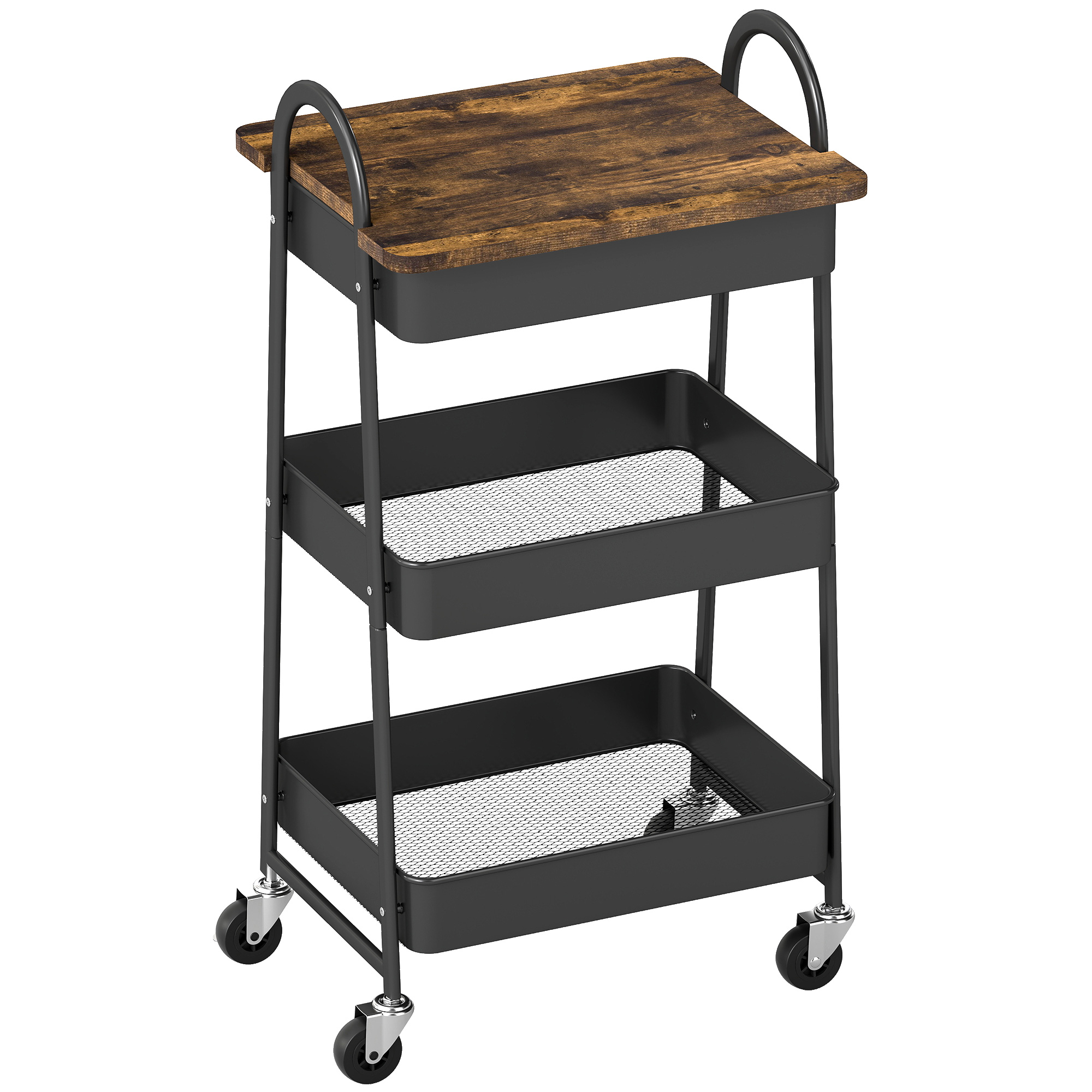 ELDRIC Kitchen Storage Trolley Metal 3 Tier Rolling Cart - Rustic Brown - Life Essentials