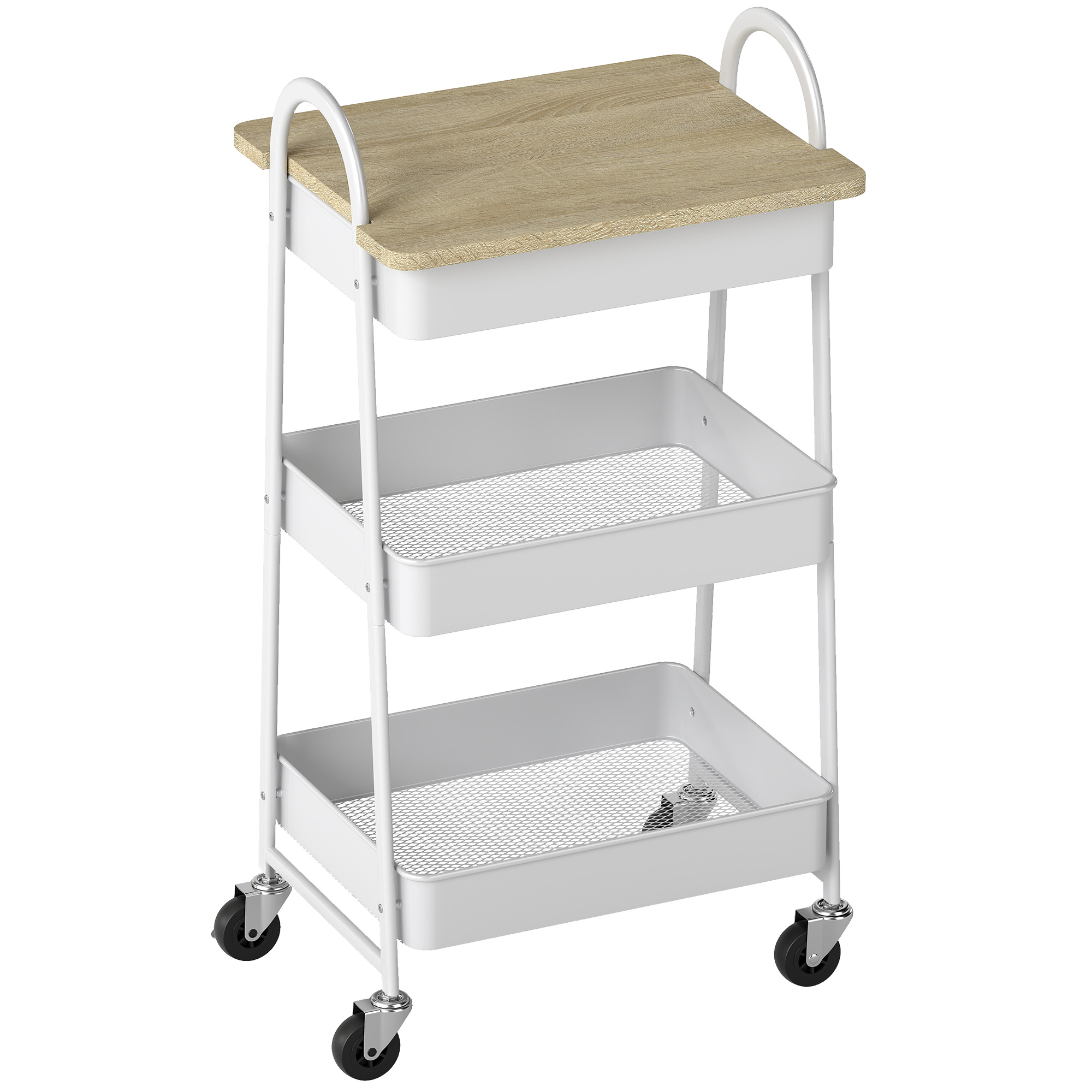 ELDRIC Kitchen Storage Trolley Metal 3 Tier Mobile Style - White and Oak - Life Essentials