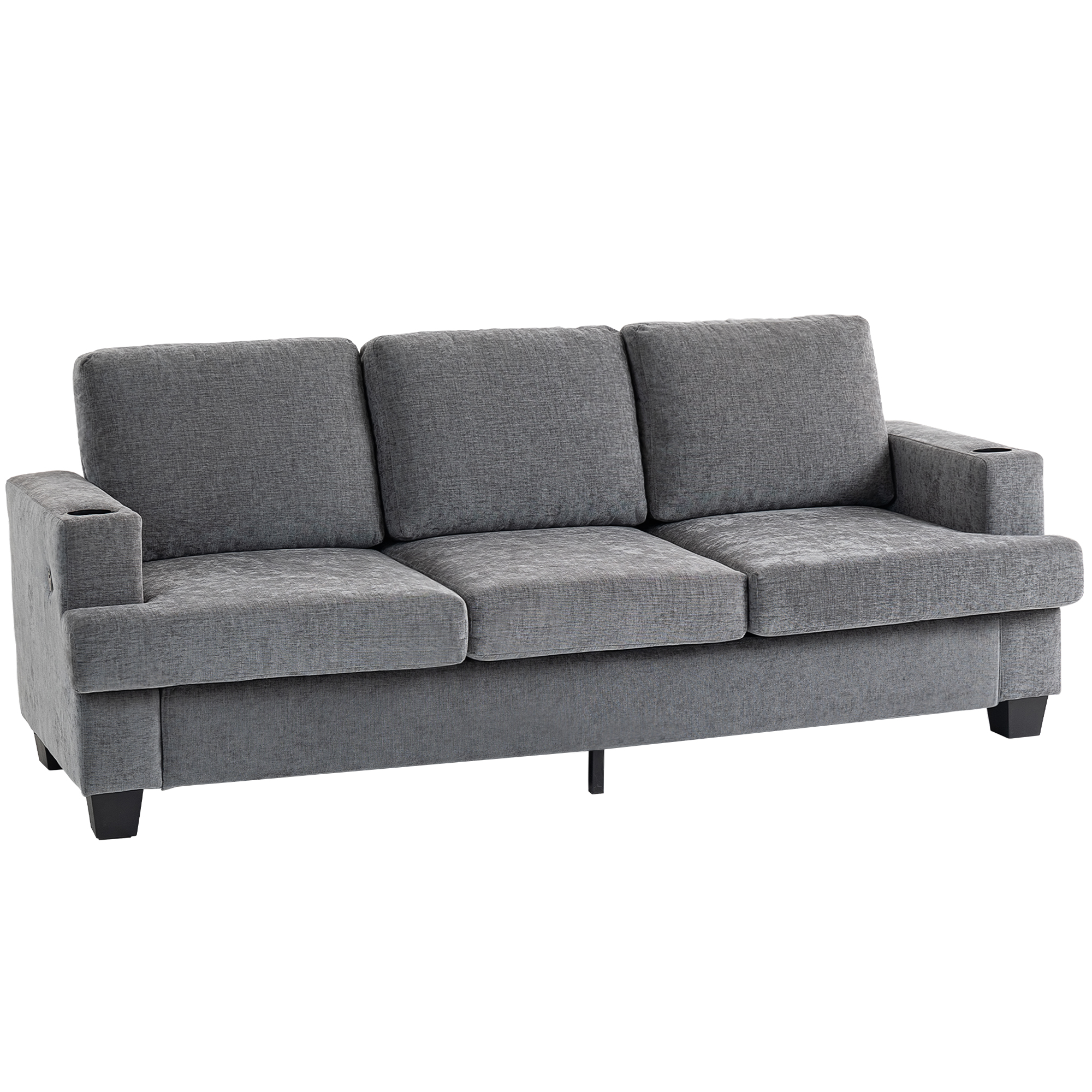 LARIX Chenille Fabric 3 Seater Fullback Sofa with Cup Holders - Grey - Life Essentials