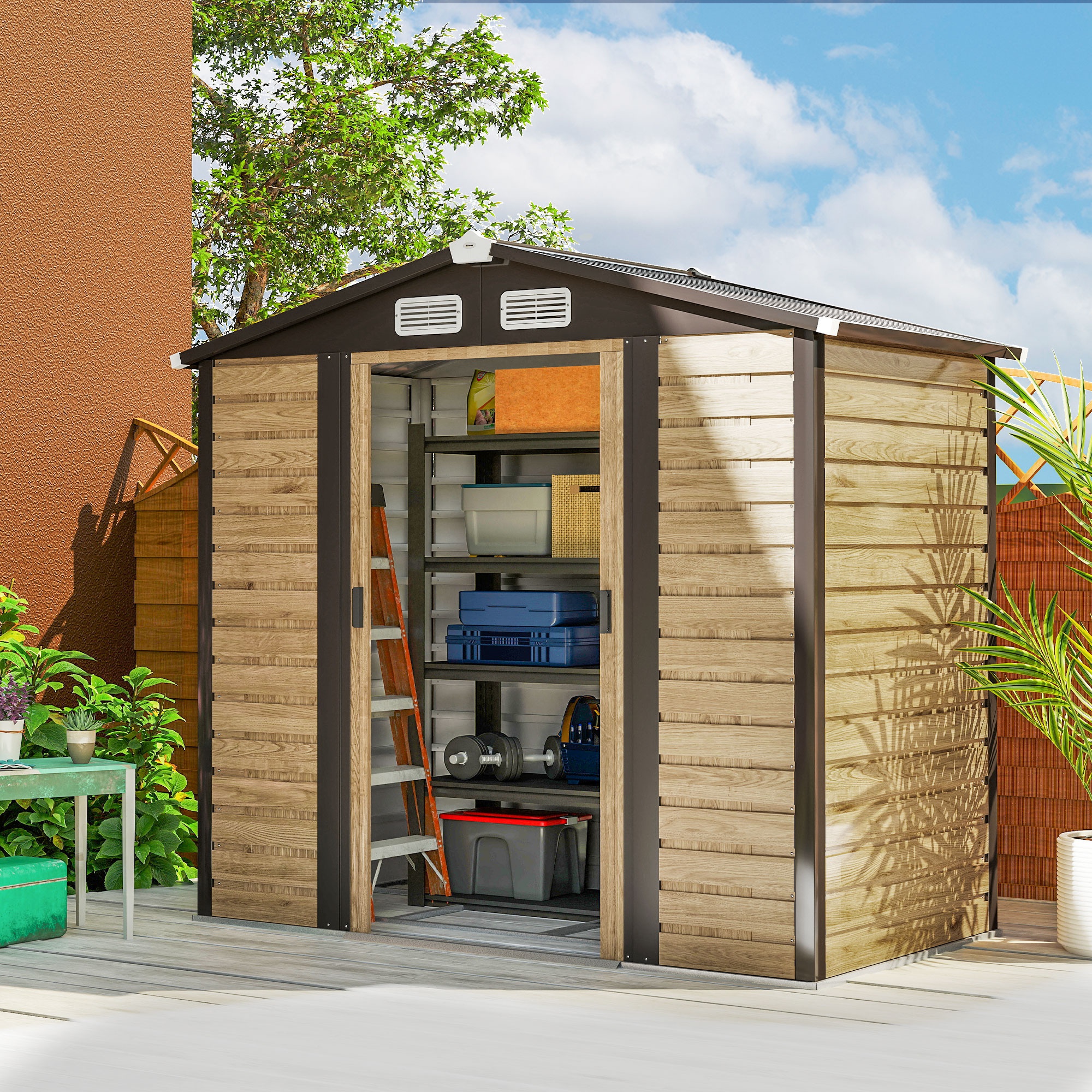 ORVION Garden Shed Galvanised Steel Outdoor Storage House with Double Doors - Natural - Life Essentials