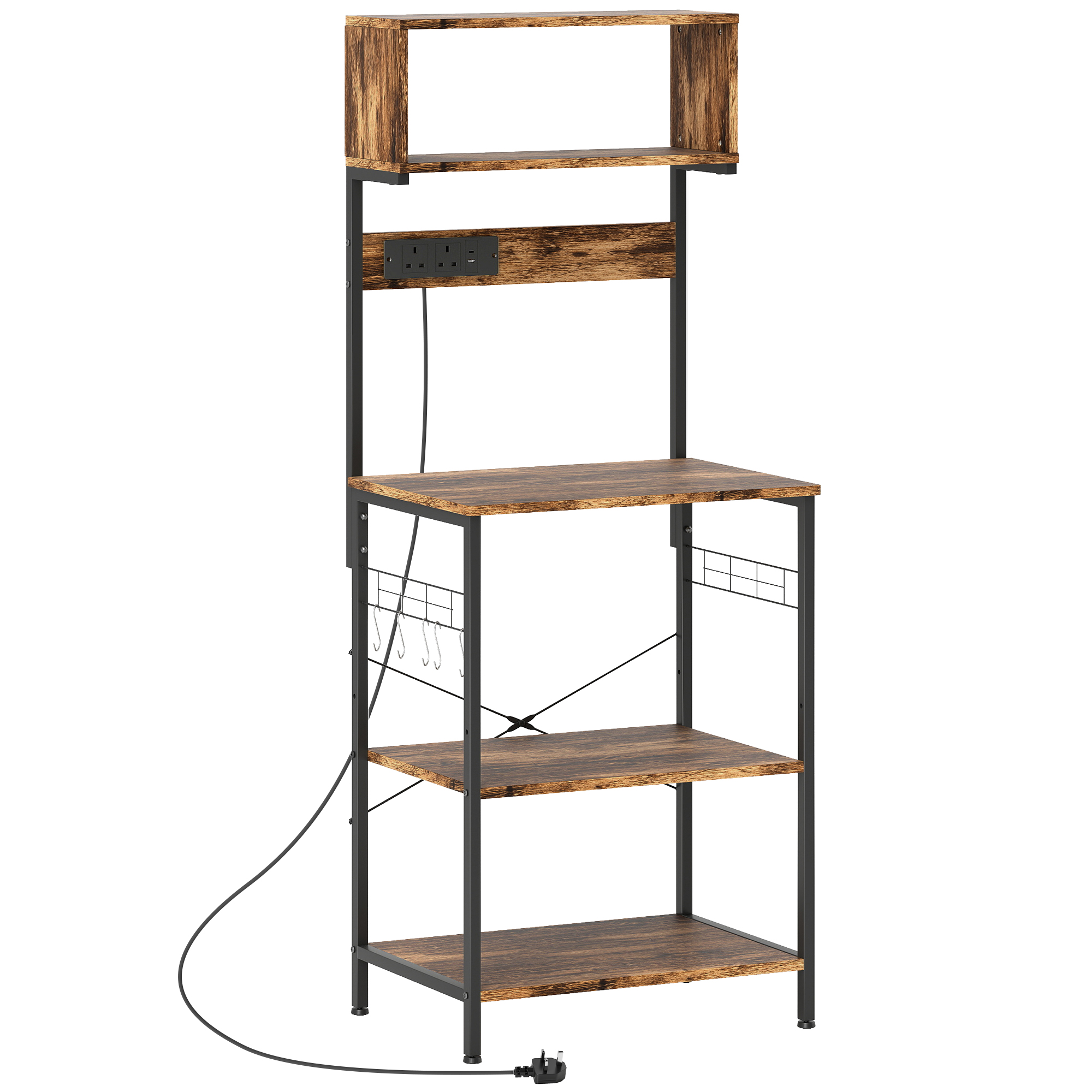 DOVIAN Kitchen Bakers Rack Power Outlet USB Charger Adjustable Shelves - Brown - Life Essentials