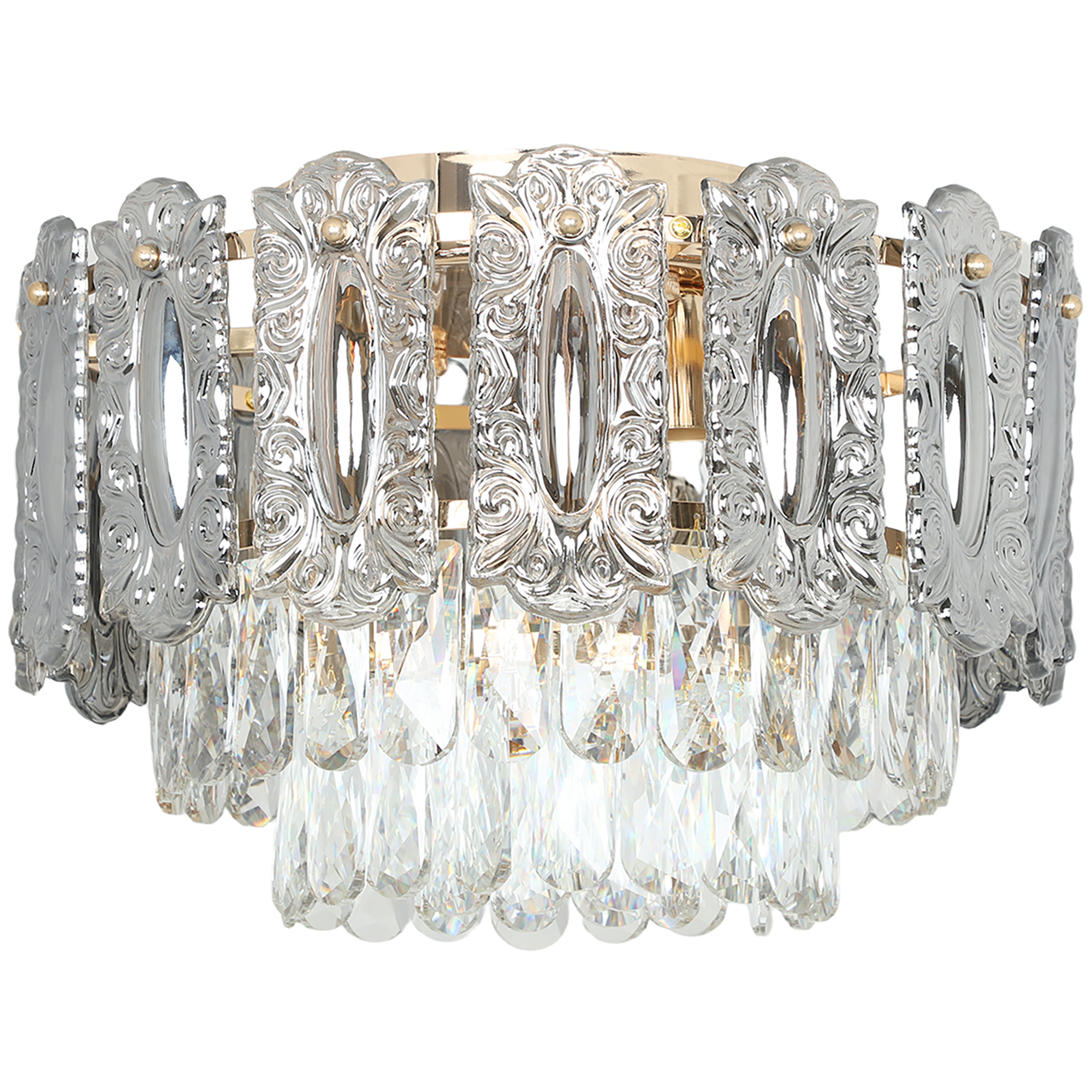FALVESSEN LED Flush Mount Fixture Chandelier with Dual Crystal, Smoke Glass Shade and 3 E27 Sockets - Gold - Life Essentials