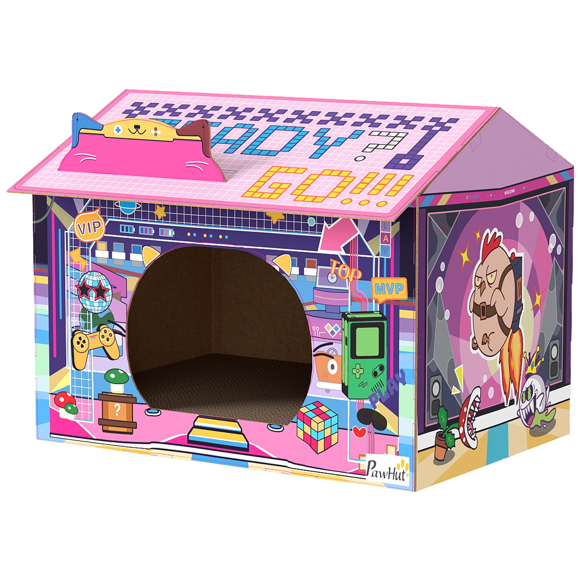 VELDOR 2 in 1 Gaming Style Cat House Cardboard with Scratching Board - Pink - Life Essentials