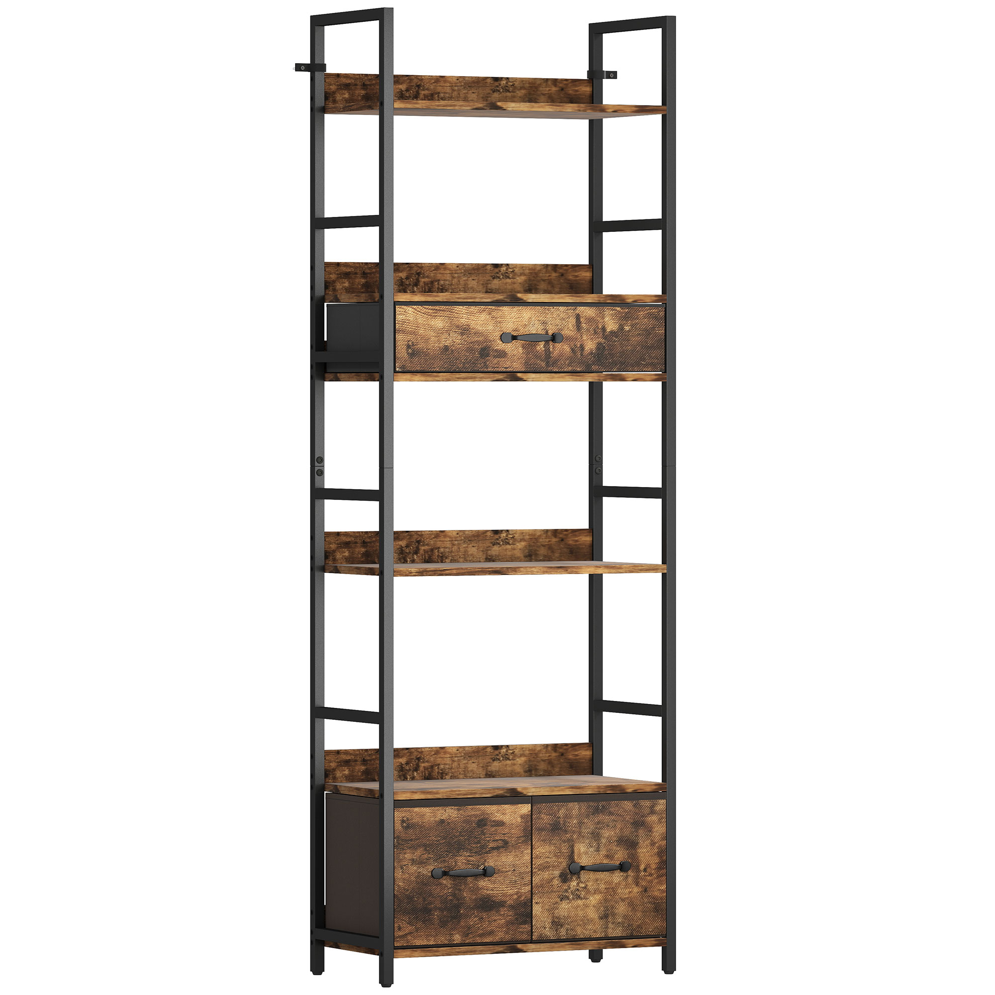KAVON Bookcase Industrial Style Shelf Unit with Fabric Drawers - Brown - Life Essentials