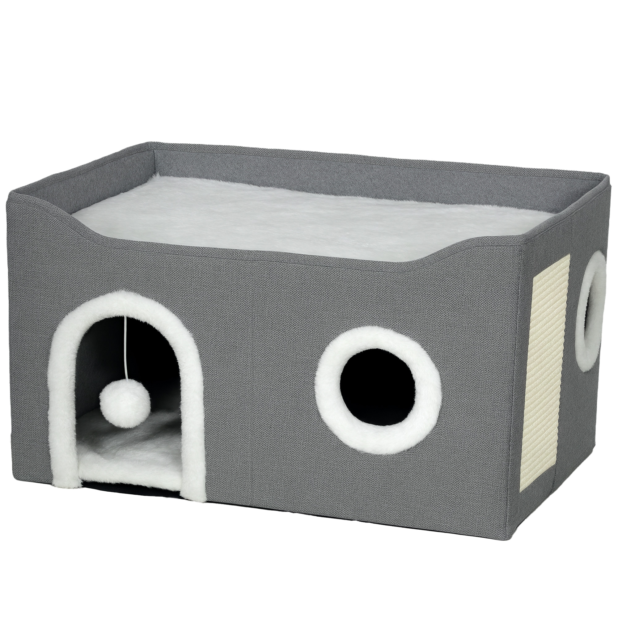 YALRIC Cat Bed Wooden Foldable with Fluffy Ball and Scratch Pad - Grey - Life Essentials