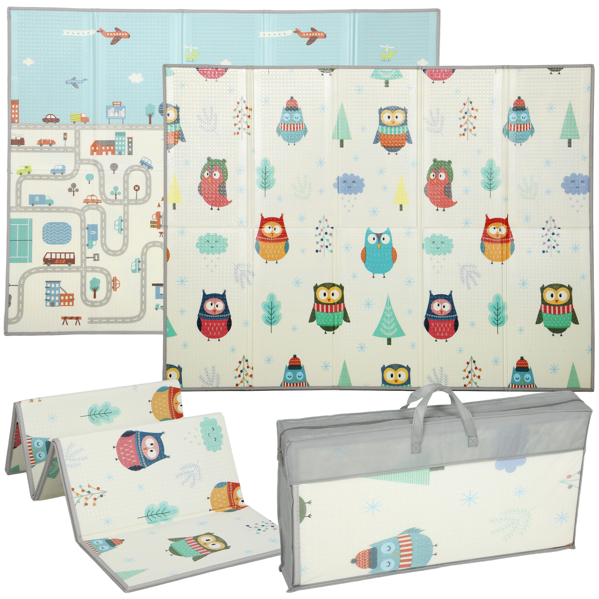 CAVRIC Baby Play Mat PE Foldable Double Sided Crawling Mat Owl Theme - Multi Colour - Life Essentials