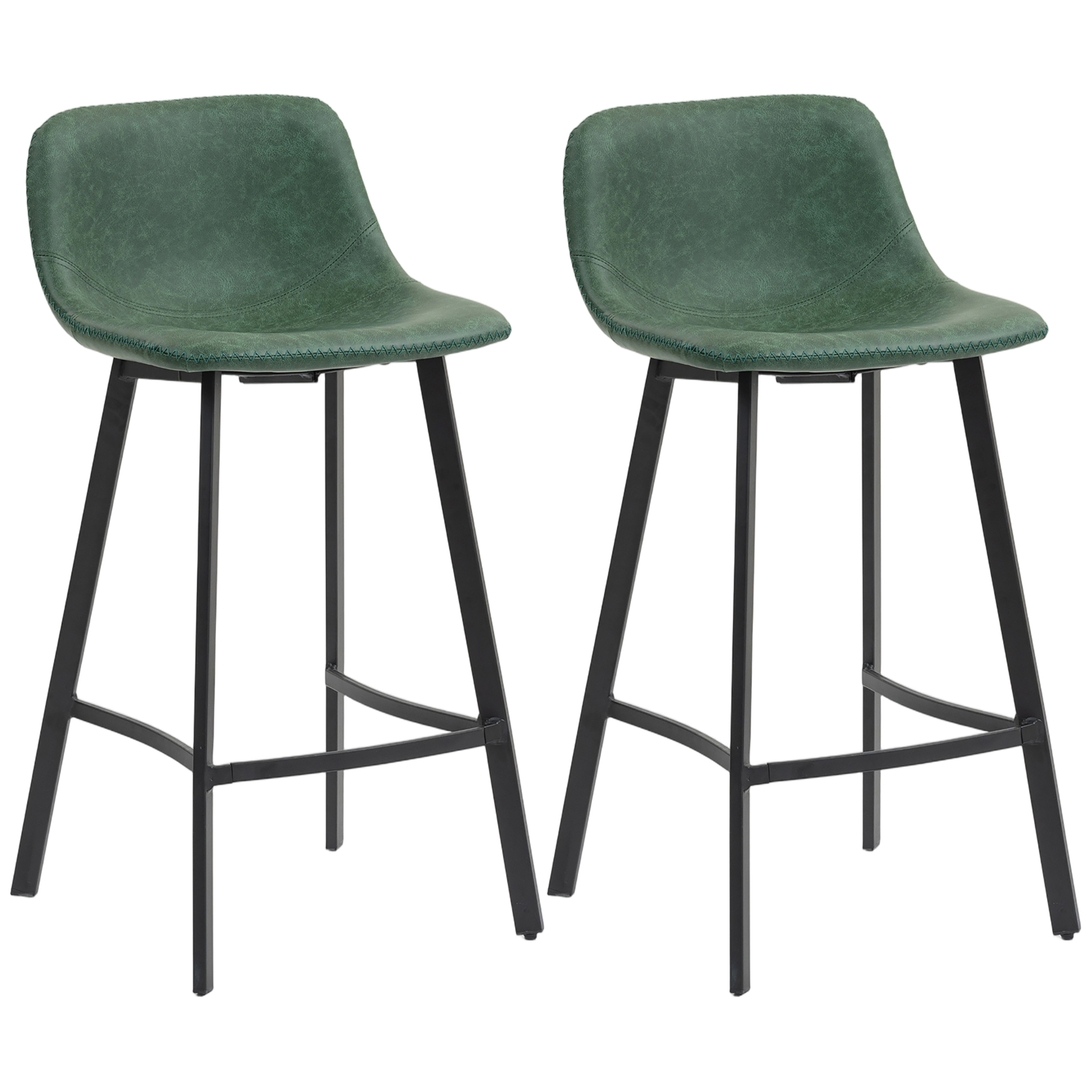 VORNIX Leather Bar Stools Set of 2 with Footrest - Green - Life Essentials