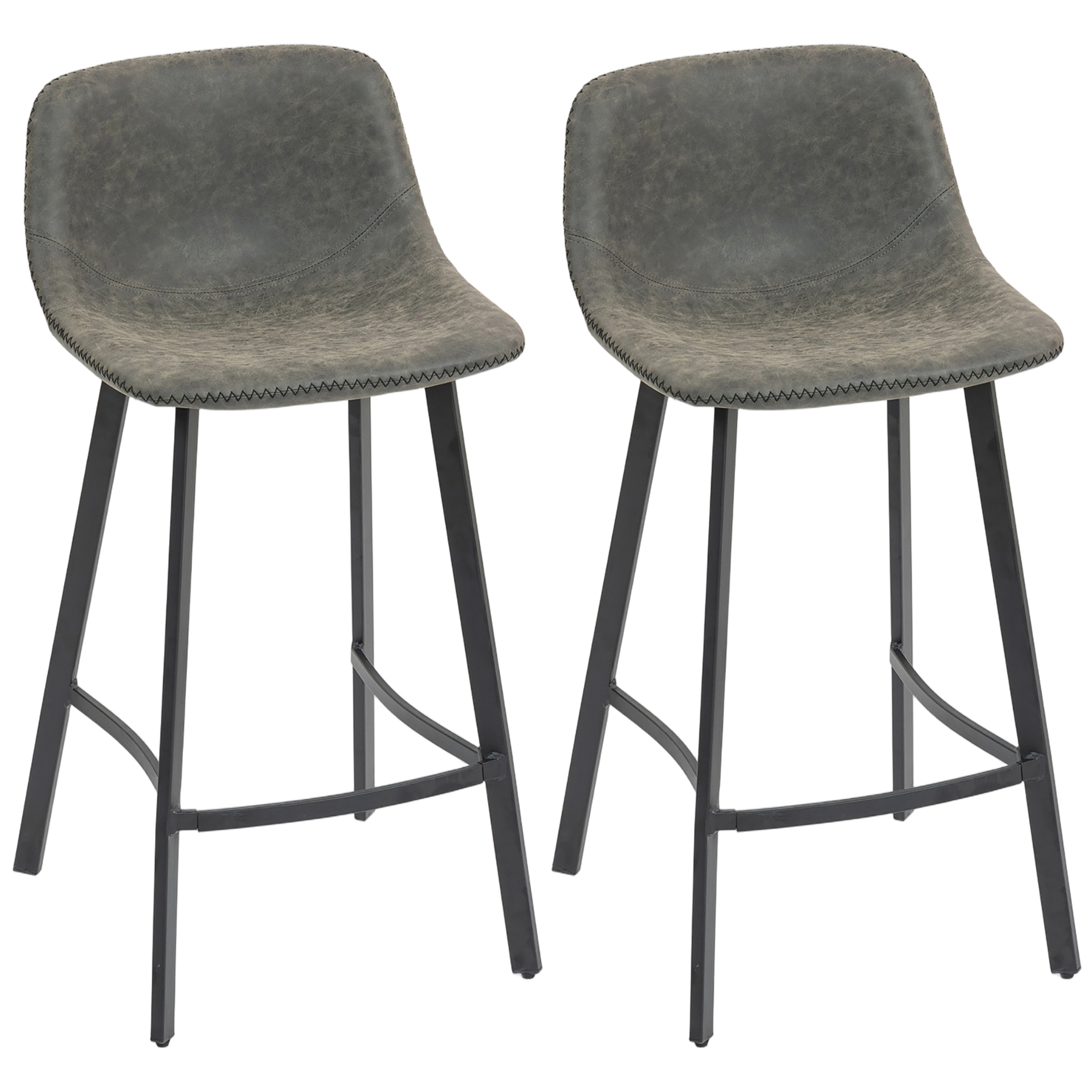VORNIX Leather Bar Stools Set of 2 with Footrest - Grey - Life Essentials