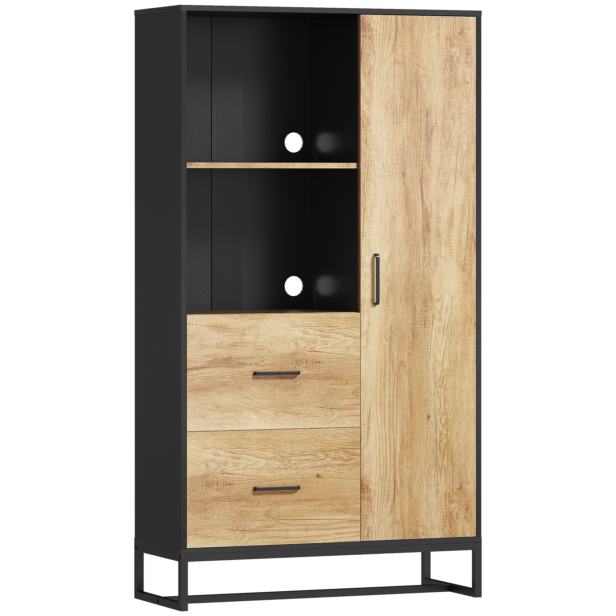 VELSTRAEN Tall Freestanding Kitchen Cabinet with Adjustable Shelves, Drawers and Soft Close Door - Light Wood and Black - Life Essentials
