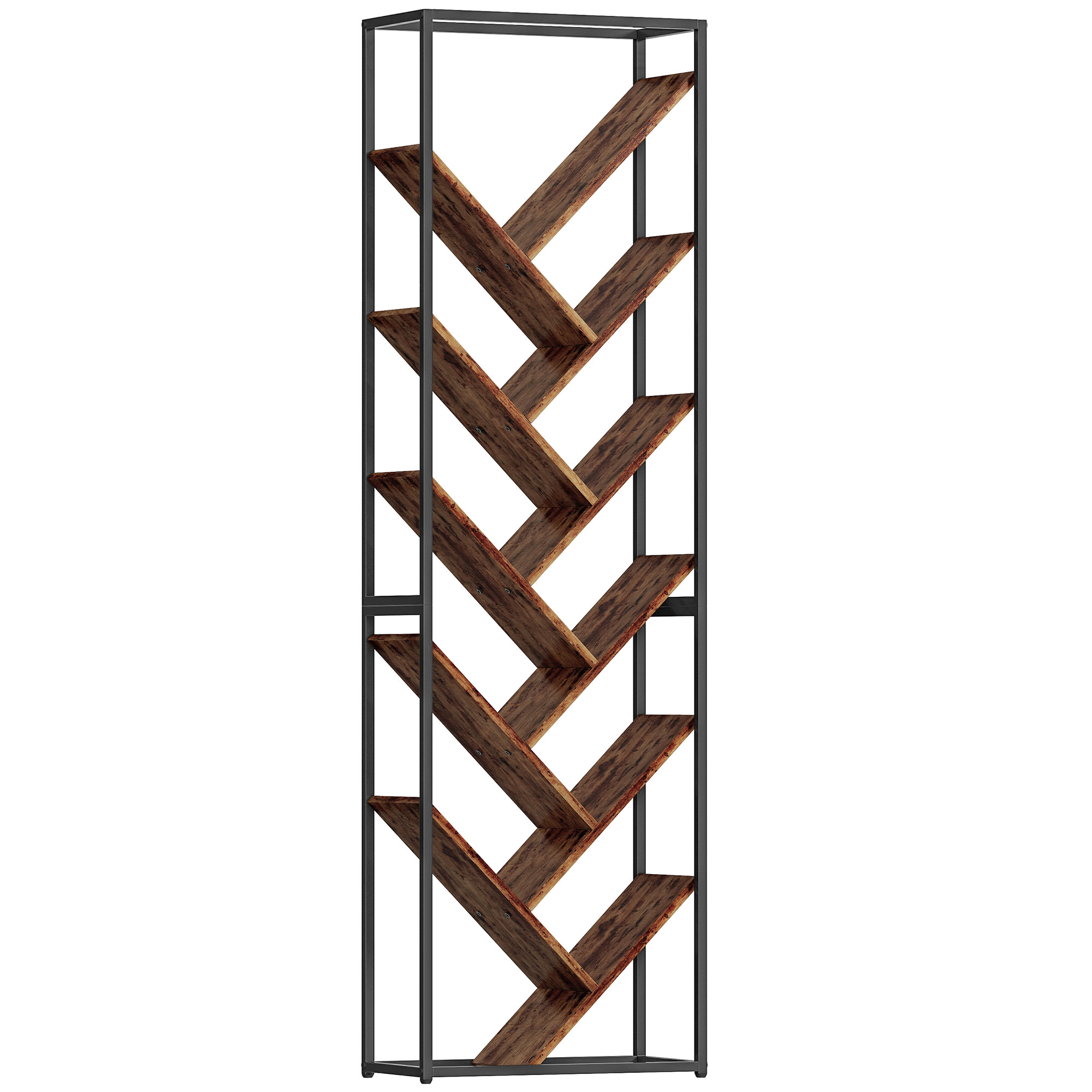 VELVEN 10 Shelf Industrial Style Bookshelf -Brown and Black - Life Essentials