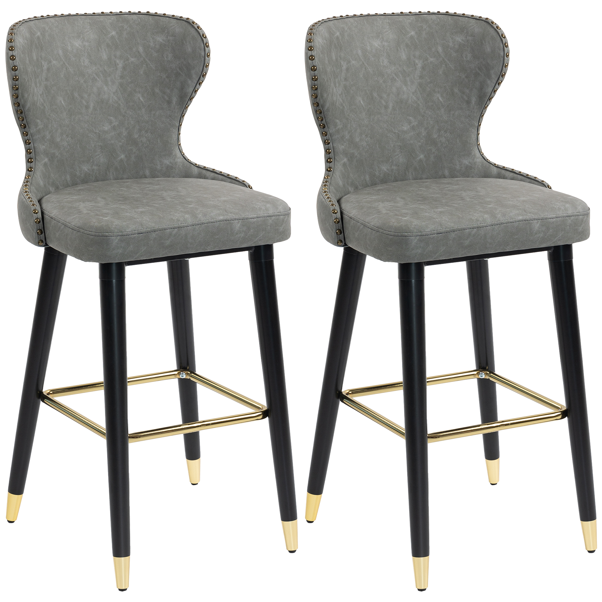 YSMARIN Leather Bar Stools Set of 2 with Footrest and Wood Legs - Grey - Life Essentials