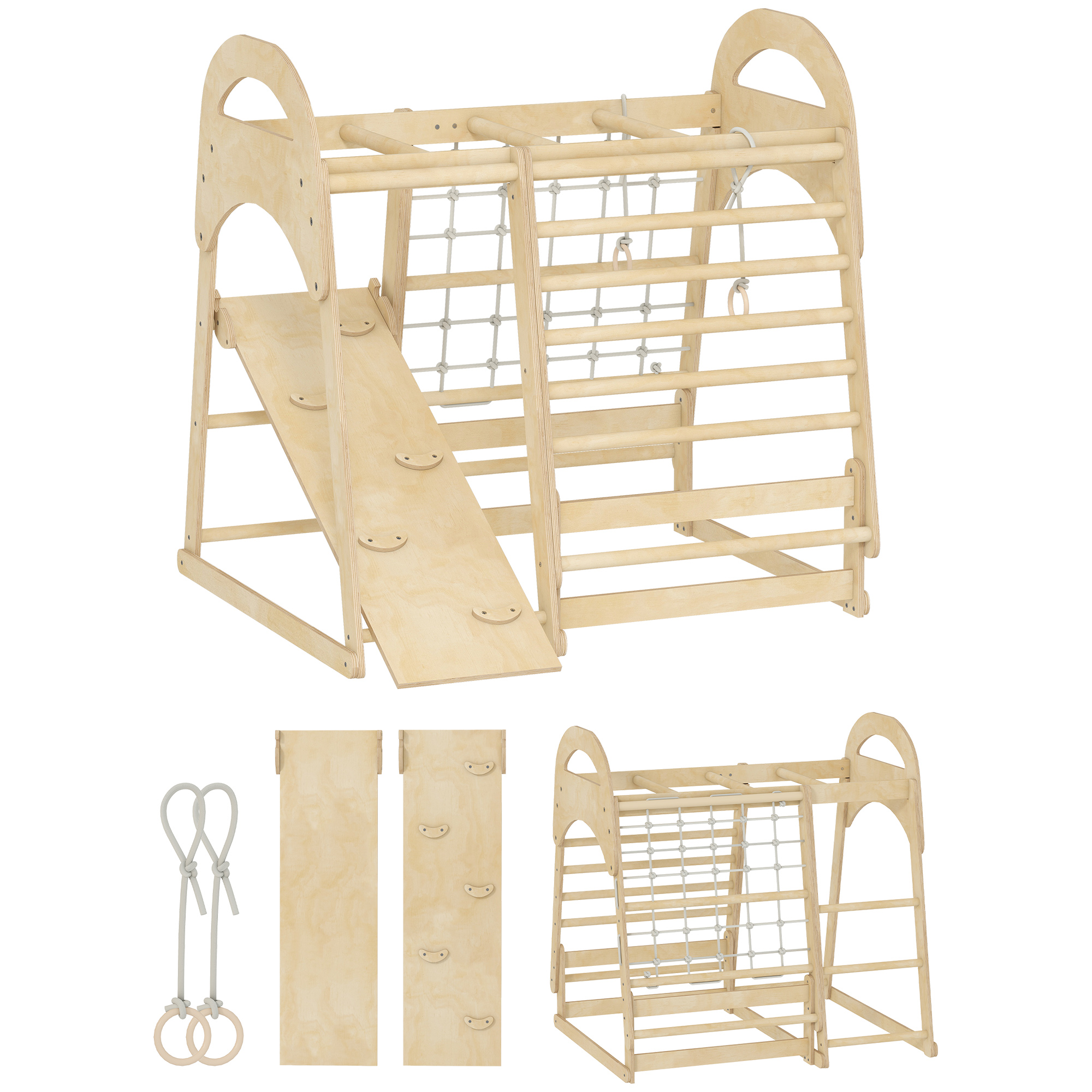ARVYSTEN 6 in 1 Kids Climbing Frame with Slide, Monkey Bars, Gymnastics Rings, Ladder and Climbing Net for 3-6 Years - Light Wood - Life Essentials