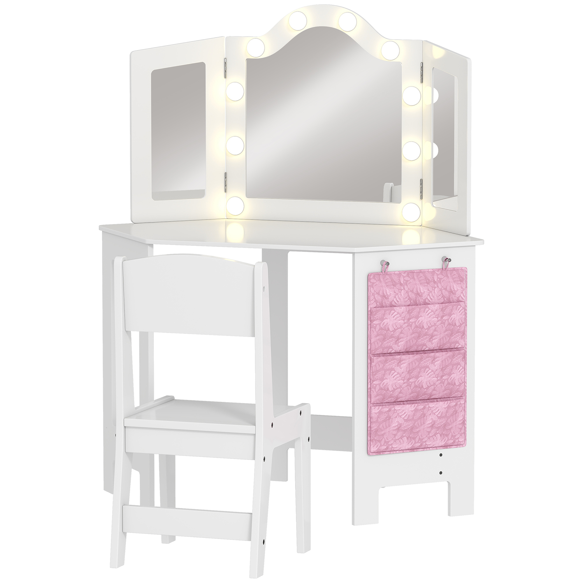 ORLYNTHE Kids Dressing Table with Stool Set, 2 Colour LED Lights and Tri Folding Mirror - White - Life Essentials