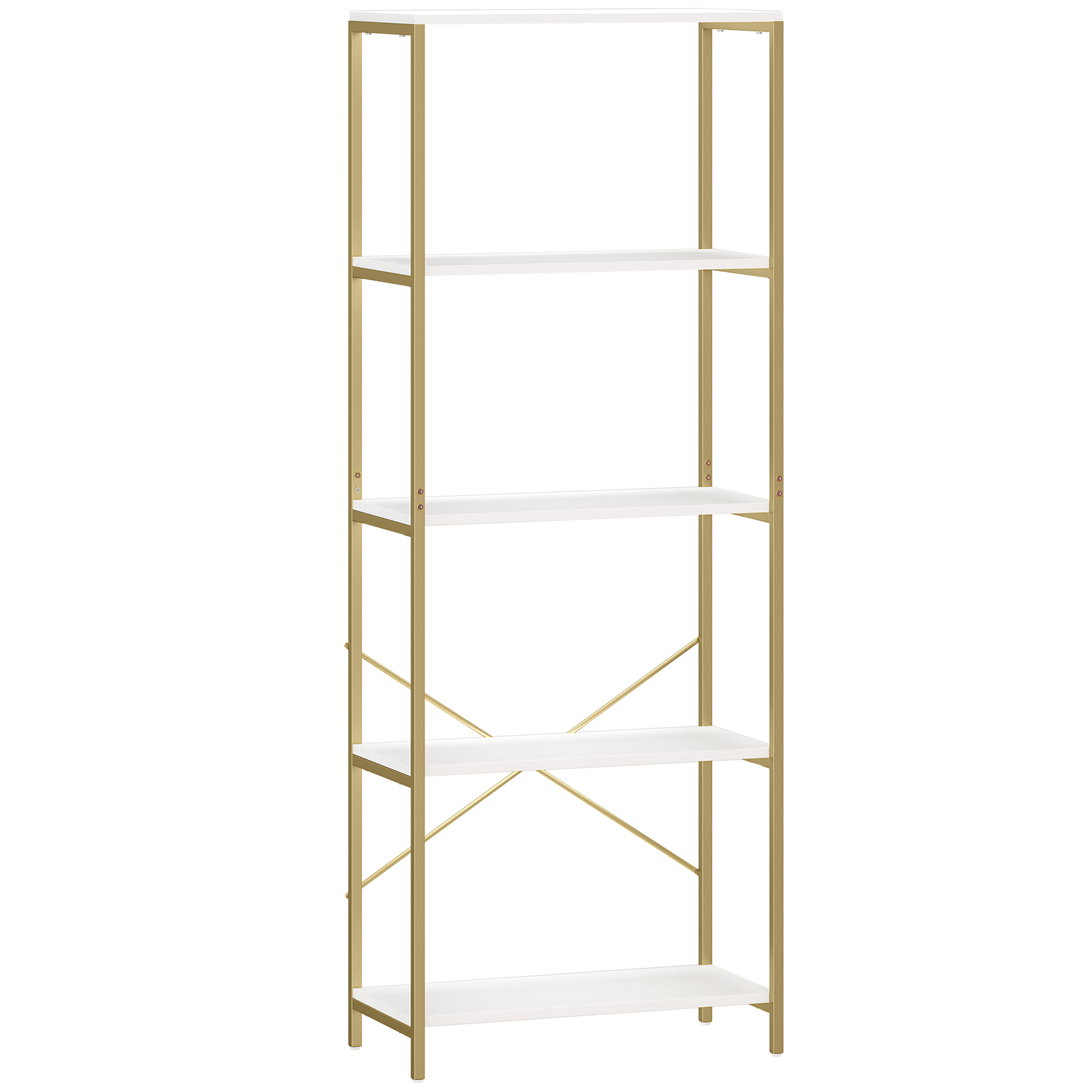 FEREDON 5-Tier Bookshelf, Industrial Bookcase with Metal Frame - White and Gold - Life Essentials