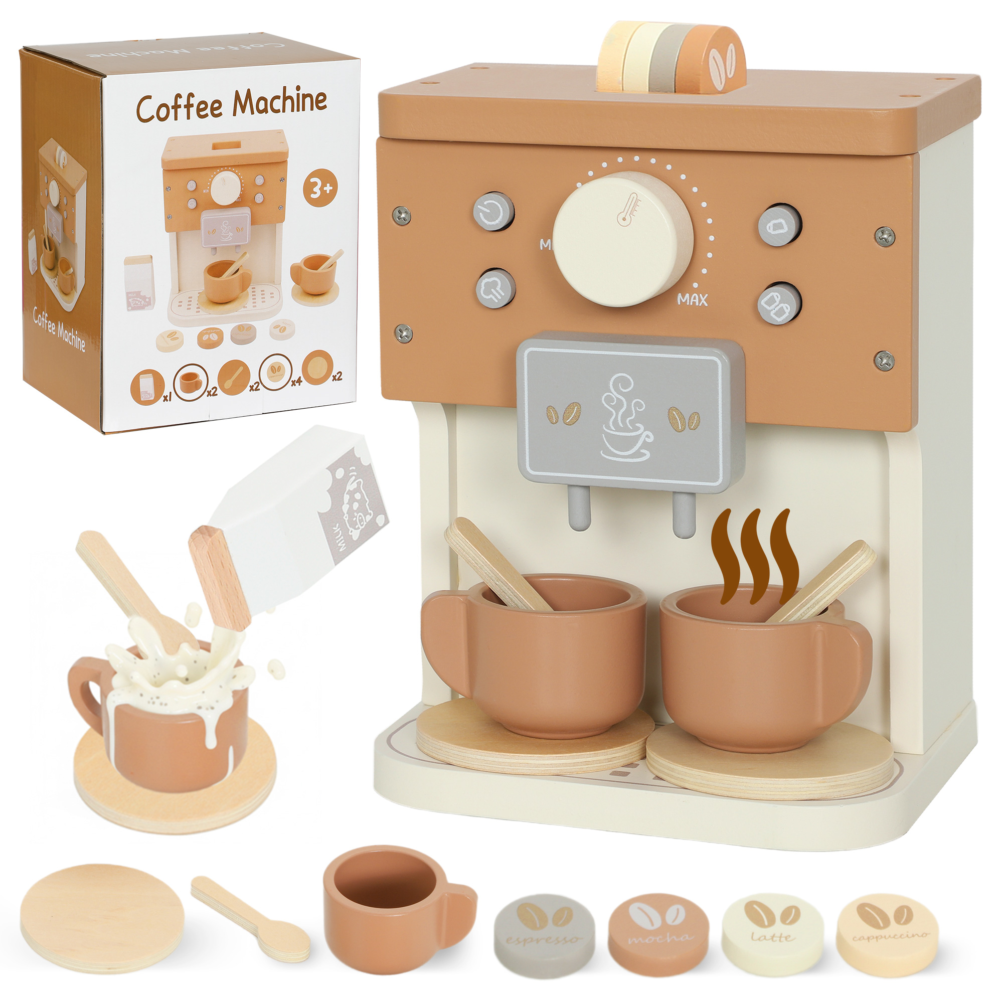 VARCREST Kids Wooden Coffee Machine Toy Kitchen Accessories - Brown - Life Essentials