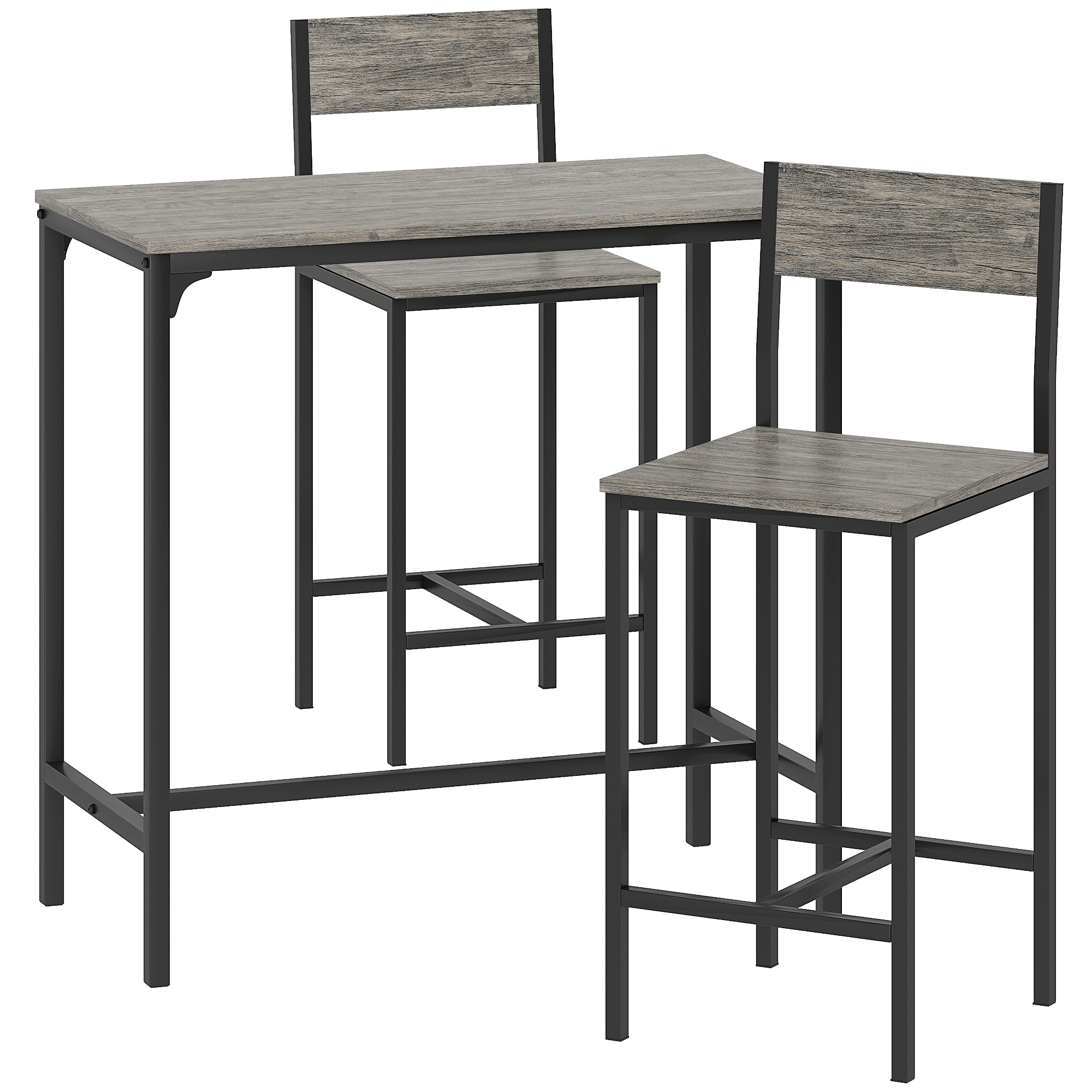 VORNELL Rectangular 3 Piece Bar Table with 2 Stools, Footrest and Backrest - Grey - Life Essentials