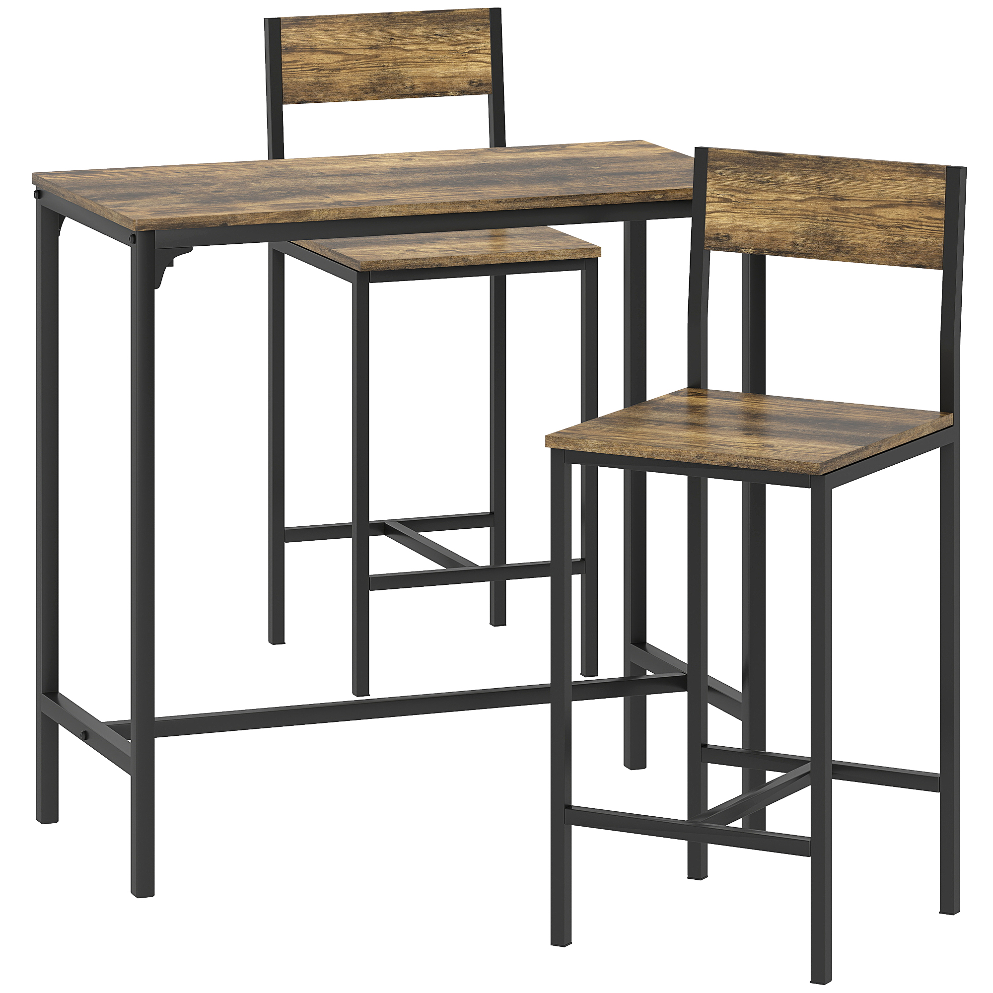 VORNELL Rectangular 3 Piece Bar Table with 2 Stools, Footrest and Backrest - Brown - Life Essentials