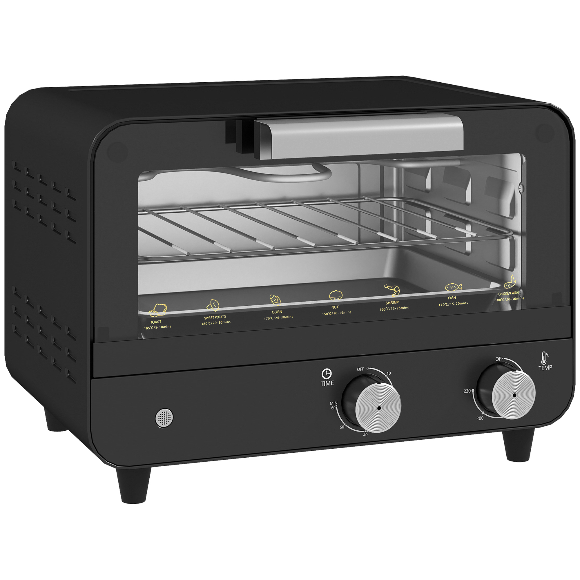 ELVANNE Small Toaster Oven 12L Multifunction Mini Countertop with Glass Door, Adjustable Temperature and Timer - Black - Life Essentials