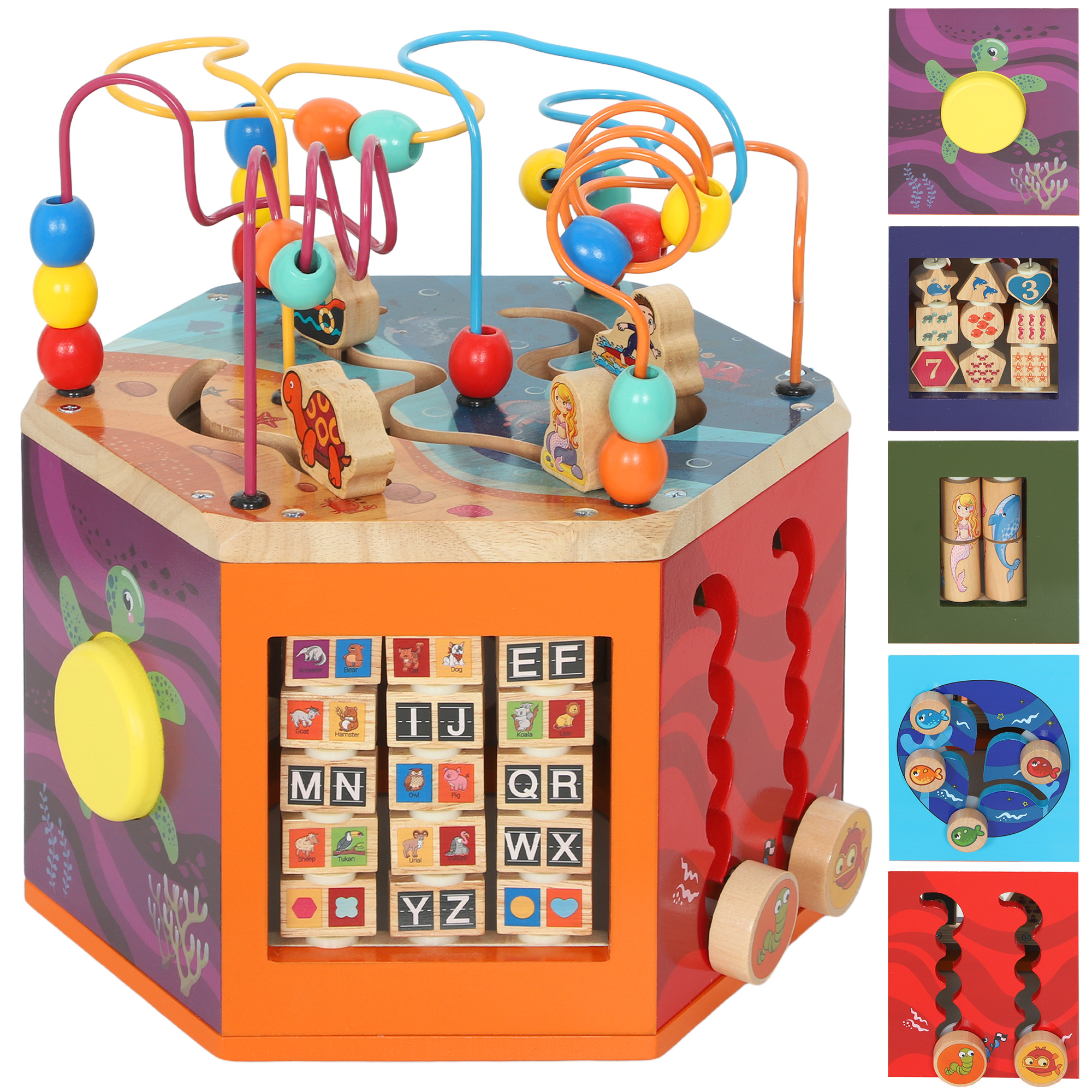 VELLTHORNE Wooden Activity Cube Baby Toys with Bead Maze Pattern Sorter - Multicolour - Life Essentials