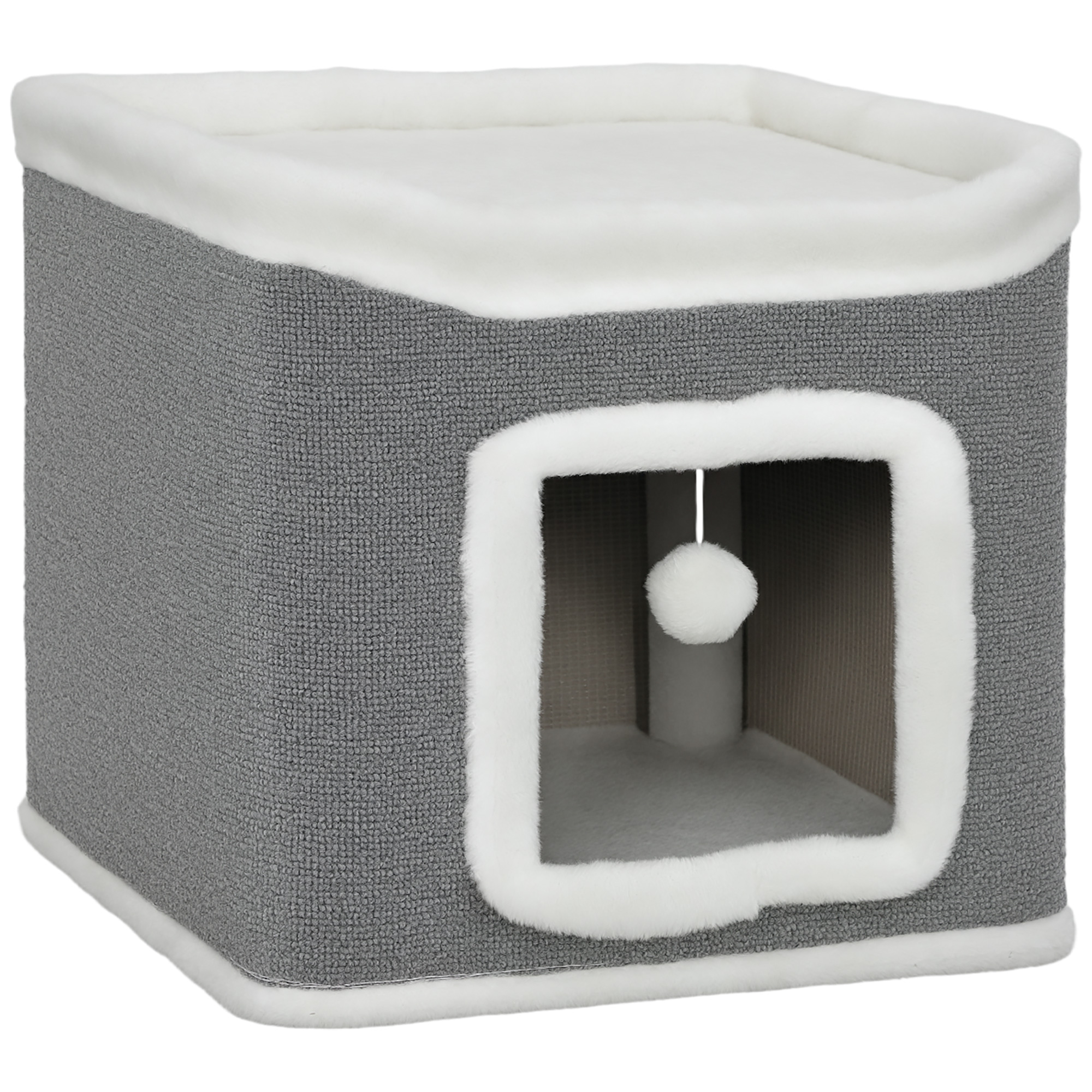 AESMARIS Cat House for Indoor Kittens 2-Level Cat Cave Bed with Fluffy Balls - Grey - Life Essentials
