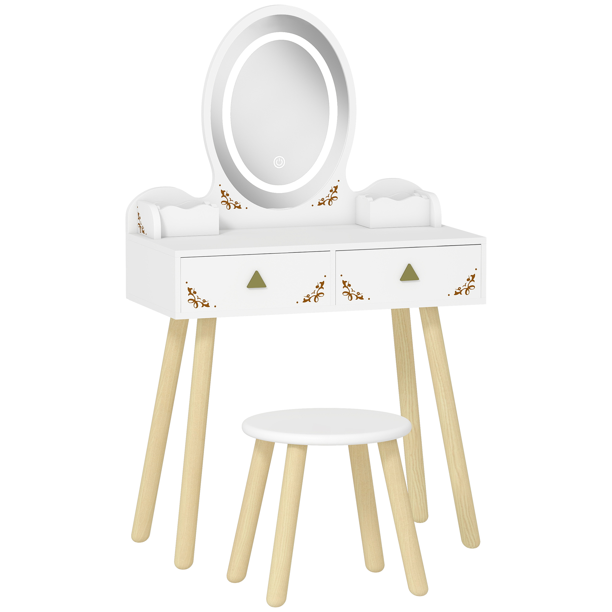 VALTHORNYX Kids Dressing Table and Chair Set with 3 Colour LED Lights Mirror, Drawer and Storage Boxes for 3+ Years - White - Life Essentials