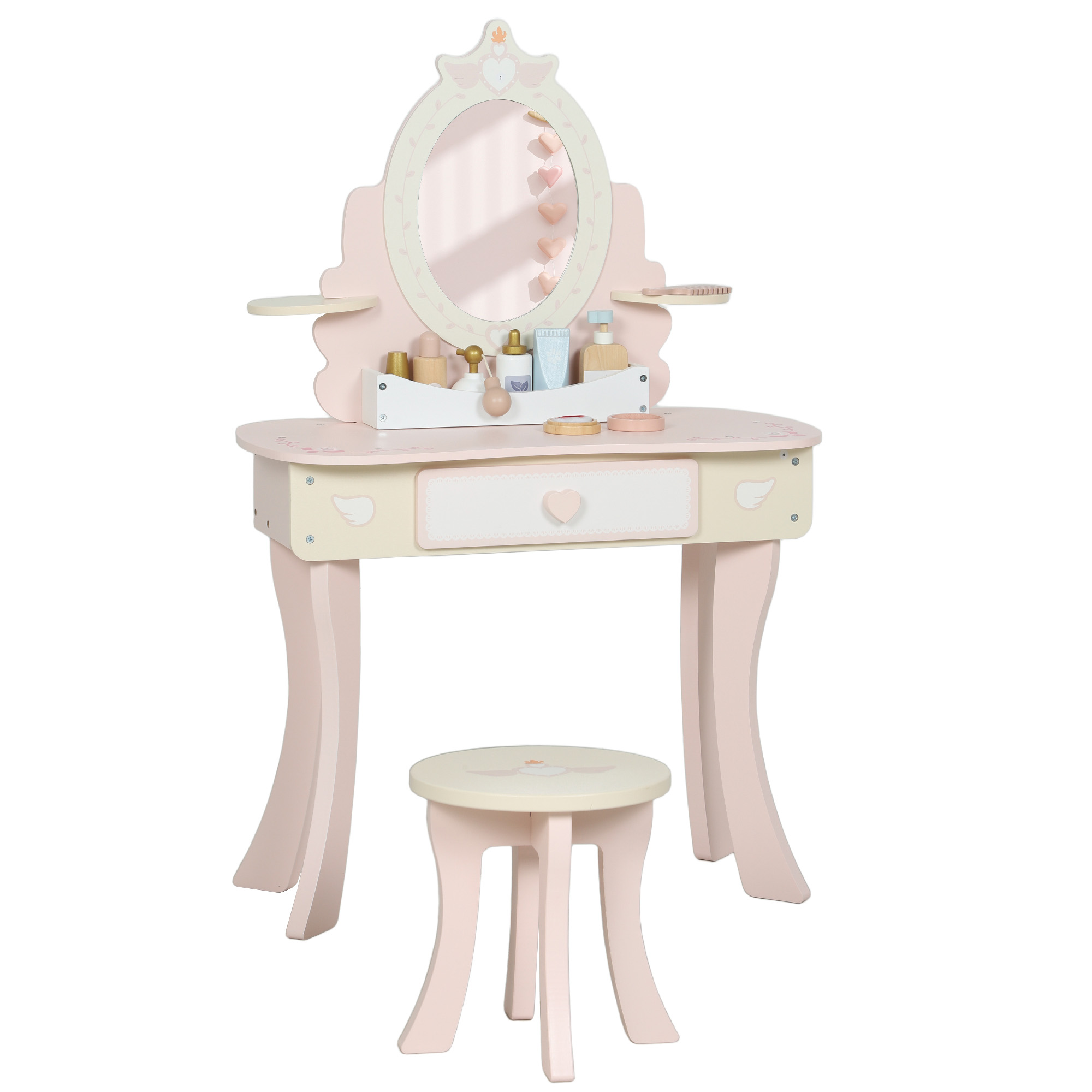 QUELYTHRA Kids Dressing Table with Stool, Mirror, 7 Play Accessories, Drawer and Desktop Strage - Pink - Life Essentials