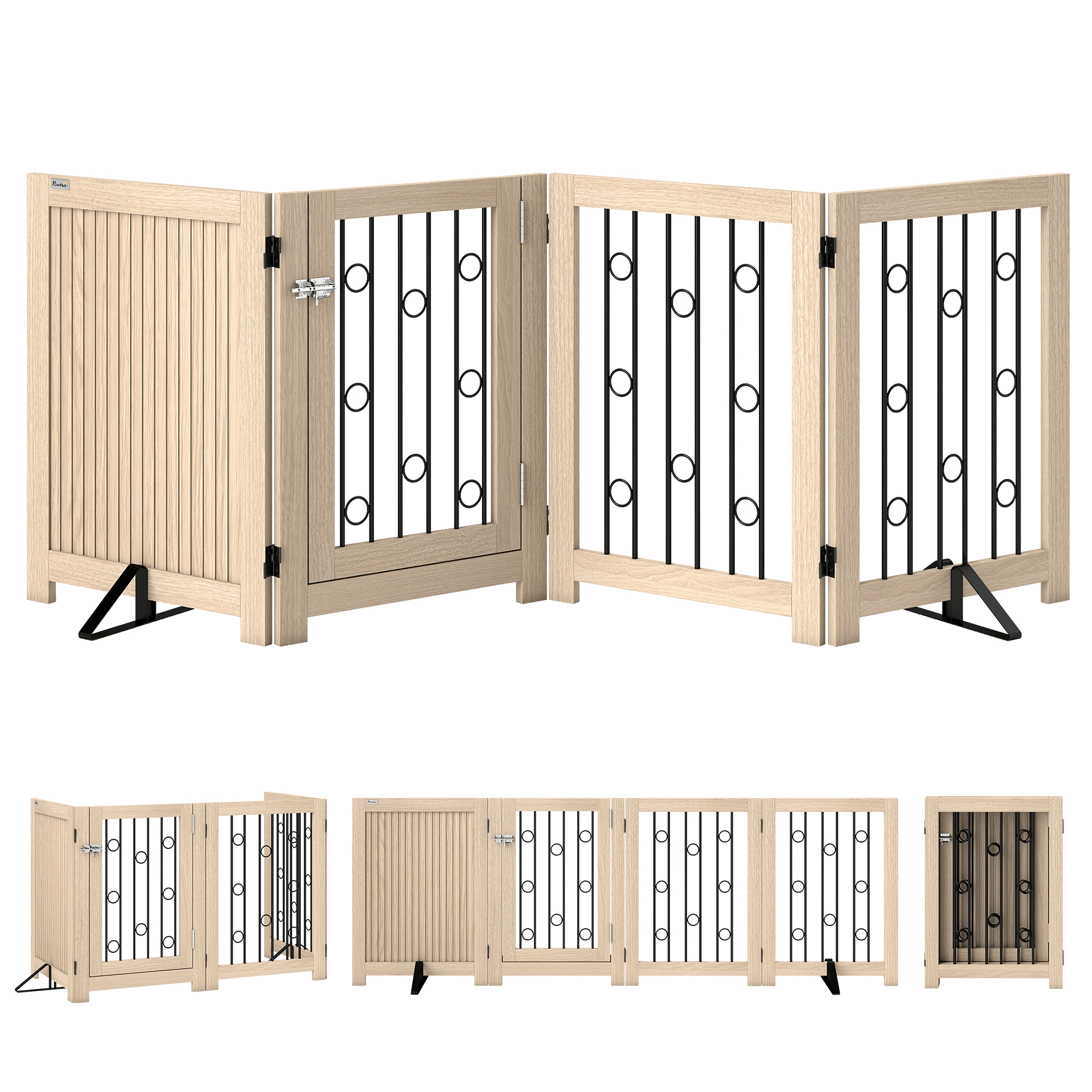 FENQUYRE 4 Panel Freestanding Dod Gate with Lockable Door - Light Oak - Life Essentials