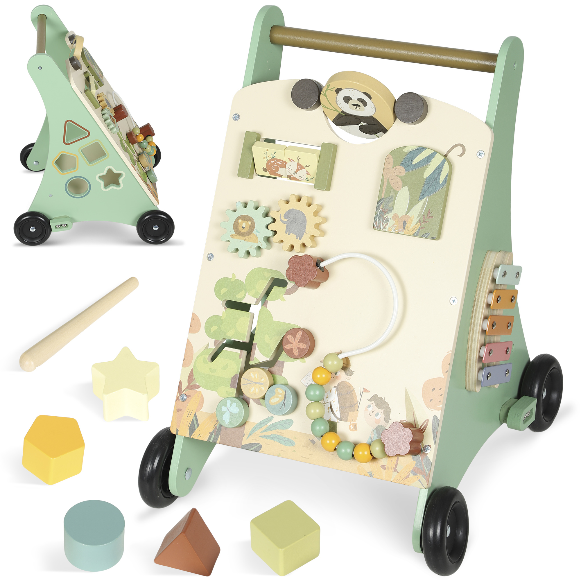 VELLWYNNE Baby Pushchair Along Walker Toy with Speed Control, Xylophone, gears and Bead Maze - Green - Life Essentials