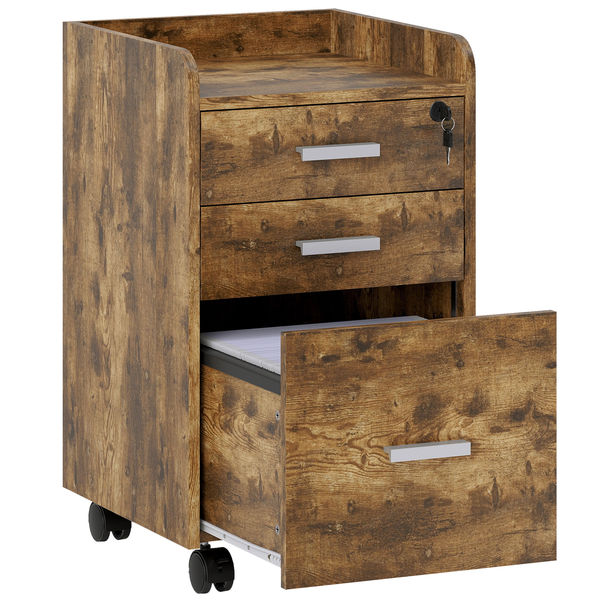 LINDRICK 3 Drawer Rolling Office Filing Cabinet with Lock - Rustic Brown - Life Essentials