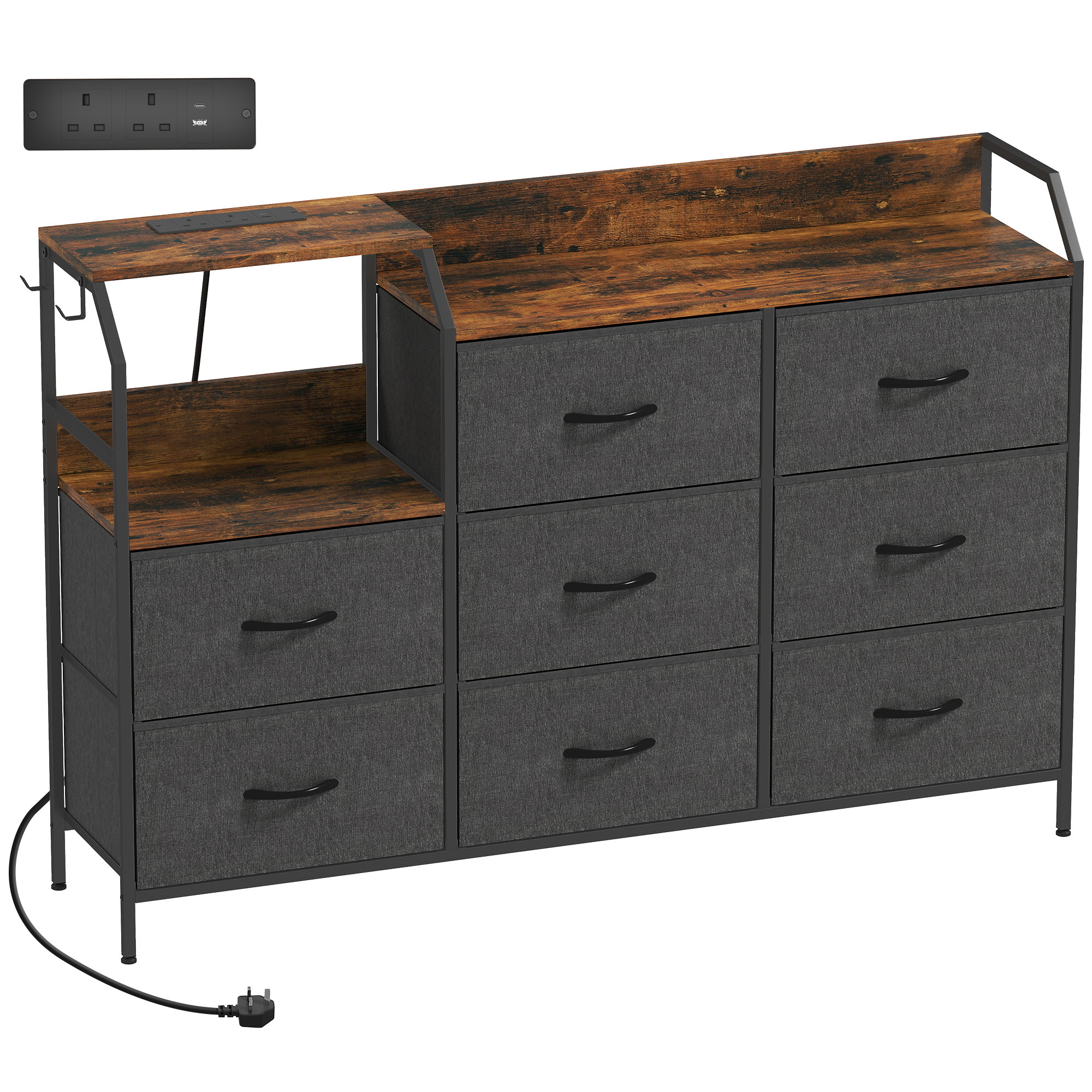 ORDSLEY Black Fabric Chest of Drawers - Extra Large-sized, 8 Drawers, Double - Life Essentials