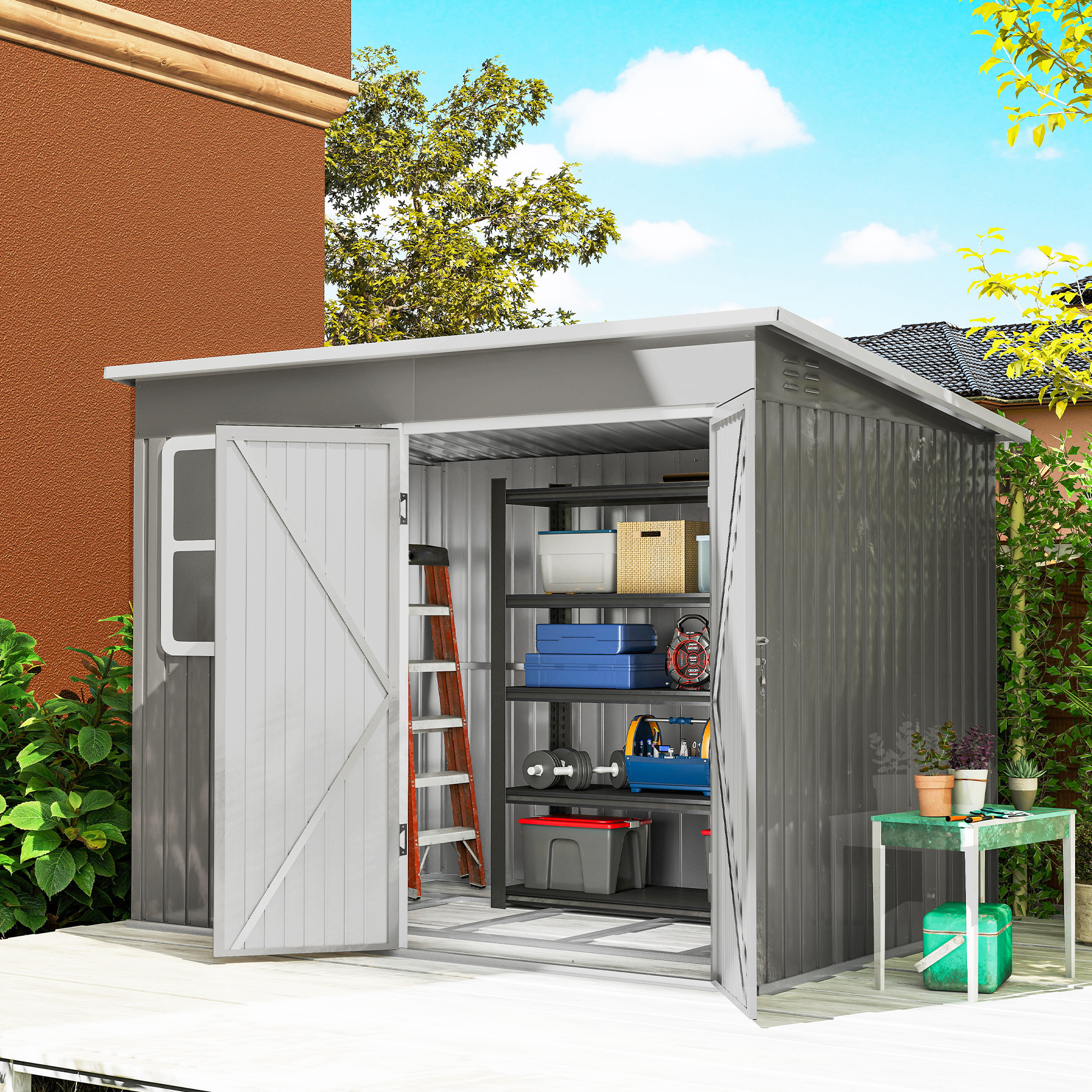 RIVEON Metal Metal Garden Shed - Light Grey - Life Essentials