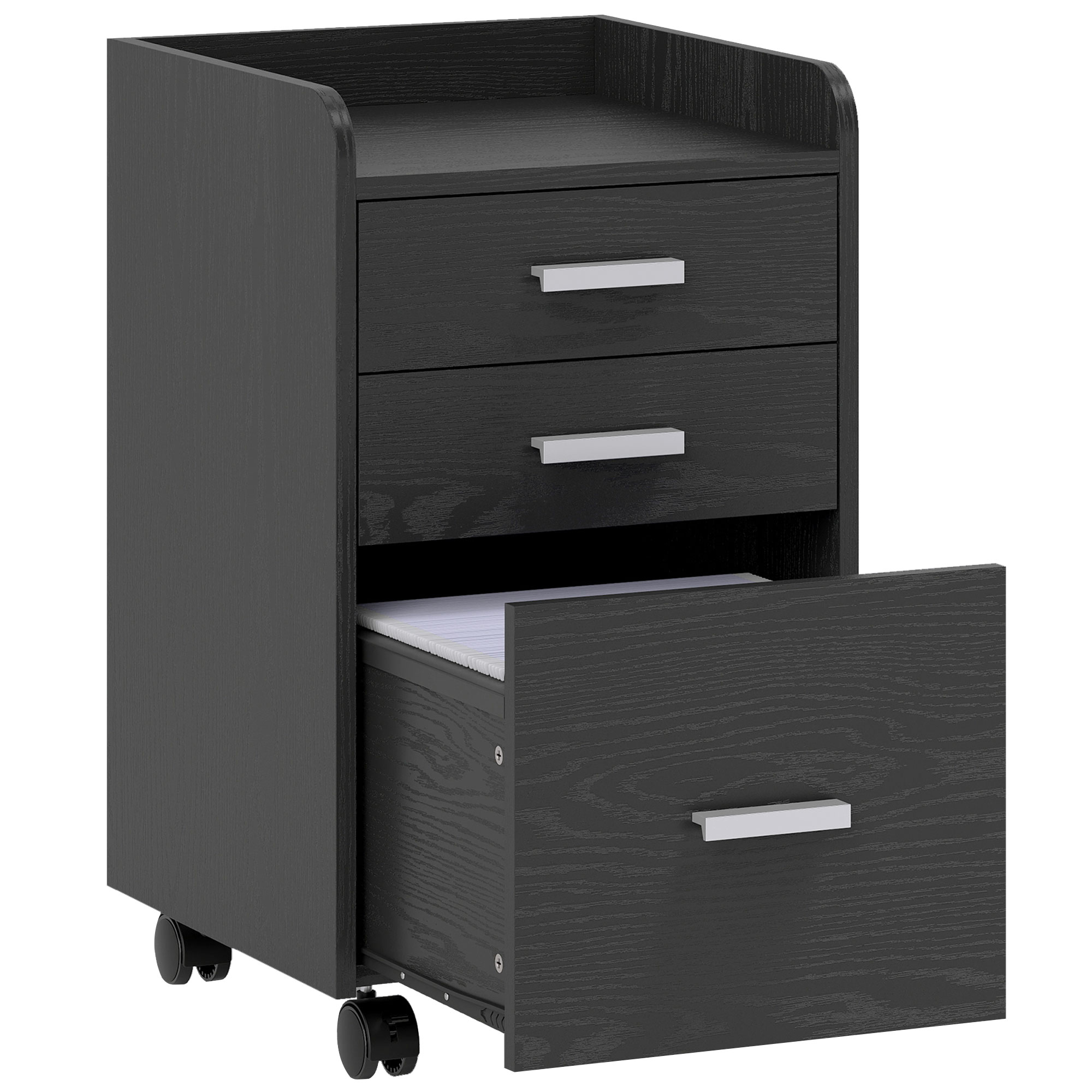 LINDRICK 3 Drawer Rolling Office Filing Cabinet - Black - Life Essentials